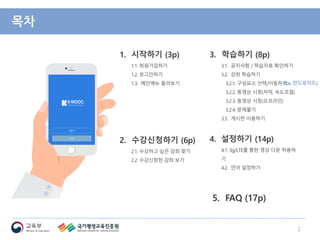 목차
2
1. 시작하기 (3p)
1.1. 회원가입하기
1.2. 로그인하기
1.3. 메인메뉴 둘러보기
2. 수강신청하기 (6p)
2.1. 수강하고 싶은 강좌 찾기
2.2. 수강신청한 강좌 보기
3. 학습하기 (8p)
3.1. 공지사항 / 학습자료 확인하기
3.2. 강좌 학습하기
3.2.1. 구성요소 선택/이동하기
3.2.2. 동영상 시청(자막, 속도조절)
3.2.3. 동영상 시청(오프라인)
3.2.4. 문제풀기
3.3. 게시판 이용하기
4. 설정하기 (14p)
4.1. 3g/LTE를 통한 영상 다운 허용하
기
4.2. 언어 설정하기
5. FAQ (17p)
(ios, 안드로이드)
 