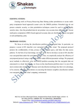 1.
#13/ 19, 1st Floor, Municipal Colony, Kangayanellore Road, Gandhi Nagar, vellore – 6.
Off: 0416-2247353 / 6066663 Mo: +91 9500218218 /8870603602,
Project Titles: http://shakastech.weebly.com/2015-2016-titles
Website: www.shakastech.com, Email - id: shakastech@gmail.com, info@shakastech.com
EXISTING SYSTEM:
Existing work on Privacy-Preserving Data Mining (either perturbation or secure multi-
party computation based approach) cannot solve the DMED problem. Perturbed data do not
possess semantic security, so data perturbation techniques cannot be used to encrypt highly
sensitive data. Also the perturbed data do not produce very accurate data mining results. Secure
multi-party computation (SMC) based approach assumes data are distributed and not encrypted
at each participating party.
PROPOSED SYSTEM:
We focus on solving the classification problem over encrypted data. In particular, we
propose a secure k-NN classifier over encrypted data in the cloud. The proposed protocol
protects the confidentiality of data, privacy of user’s input query, and hides the data access
patterns. To the best of our knowledge, our work is the first to develop a secure k-NN classifier
over encrypted data under the semi-honest model. Also, we empirically analyze the efficiency of
our proposed protocol using a real-world dataset under different parameter settings. We proposed
novel methods to effectively solve the DMED problem assuming that the encrypted data are
outsourced to a cloud. Specifically, we focus on the classification problem since it is one of the
most common data mining tasks. Because each classification technique has their own advantage,
to be concrete, this paper concentrates on executing the knearest neighbor classification method
over encrypted data in the cloud computing environment.
 