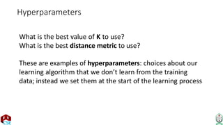 Hyperparameters
What is the best value of K to use?
What is the best distance metric to use?
These are examples of hyperparameters: choices about our
learning algorithm that we don’t learn from the training
data; instead we set them at the start of the learning process
 
