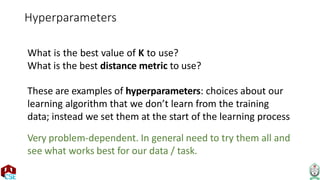 Hyperparameters
What is the best value of K to use?
What is the best distance metric to use?
These are examples of hyperparameters: choices about our
learning algorithm that we don’t learn from the training
data; instead we set them at the start of the learning process
Very problem-dependent. In general need to try them all and
see what works best for our data / task.
 