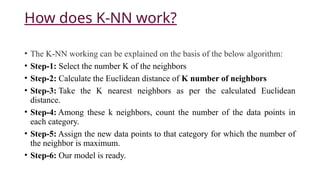 How does K-NN work?
• The K-NN working can be explained on the basis of the below algorithm:
• Step-1: Select the number K of the neighbors
• Step-2: Calculate the Euclidean distance of K number of neighbors
• Step-3: Take the K nearest neighbors as per the calculated Euclidean
distance.
• Step-4: Among these k neighbors, count the number of the data points in
each category.
• Step-5: Assign the new data points to that category for which the number of
the neighbor is maximum.
• Step-6: Our model is ready.
 