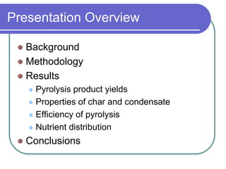 Presentation Overview
 Background
 Methodology
 Results
 Pyrolysis product yields
 Properties of char and condensate
...