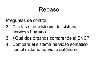 Repaso Preguntas de control: Cite las subdivisiones del sistema nervioso humano ¿Qué dos órganos comprende el SNC? Compare el sistema nervioso somático con el sistema nervioso autónomo 