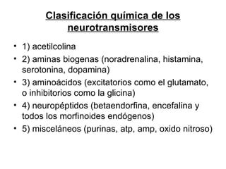 Clasificación química de los neurotransmisores 1) acetilcolina 2) aminas biogenas (noradrenalina, histamina, serotonina, dopamina) 3) aminoácidos (excitatorios como el glutamato, o inhibitorios como la glicina) 4) neuropéptidos (betaendorfina, encefalina y todos los morfinoides endógenos) 5) misceláneos (purinas, atp, amp, oxido nitroso) 