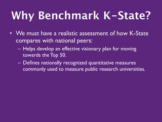 Why Benchmark K-State?
• We must have a realistic assessment of how K-State
  compares with national peers:
   – Helps develop an effective visionary plan for moving
     towards the Top 50.
   – Deﬁnes nationally recognized quantitative measures
     commonly used to measure public research universities.
 