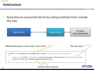30
• Send data to connected clients by calling methods from outside
the Hub
HubContext
Hubs API
SignalR Client SignalR Server
Windows
Service/Scheduler
The Hub classMethod belongs to a class that is not a Hub
Call the client method
 