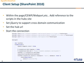 35
• Within the page/CEWP/Webpart,etc.. Add reference to the
scripts in the hubs site
• Set jQuery to support cross domain communication
• Set the hub url
• Start the connection
Client Setup (SharePoint 2010)
SignalR & SharePoint
 