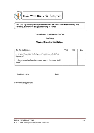 FOOD (FISH) PROCESSING 168
K to 12 – Technology and Livelihood Education
Performance Criteria Checklist for
Job Sheet
W
Wa
ay
ys
s o
of
f D
Di
is
sp
po
os
si
in
ng
g L
Li
iq
qu
ui
id
d W
Wa
as
st
te
e
Did the student/s… YES NO N/A
1. employ the proper techniques of treating waste before
disposing?
2. demonstrate/perform the proper ways of disposing liquid
waste?
Student’s Name__________________________ Date ________________
Comments/Suggestions:
How Well Did You Perform?
Find out by accomplishing the Performance Criteria Checklist honestly and
sincerely. Remember it is your learning at stake!
 