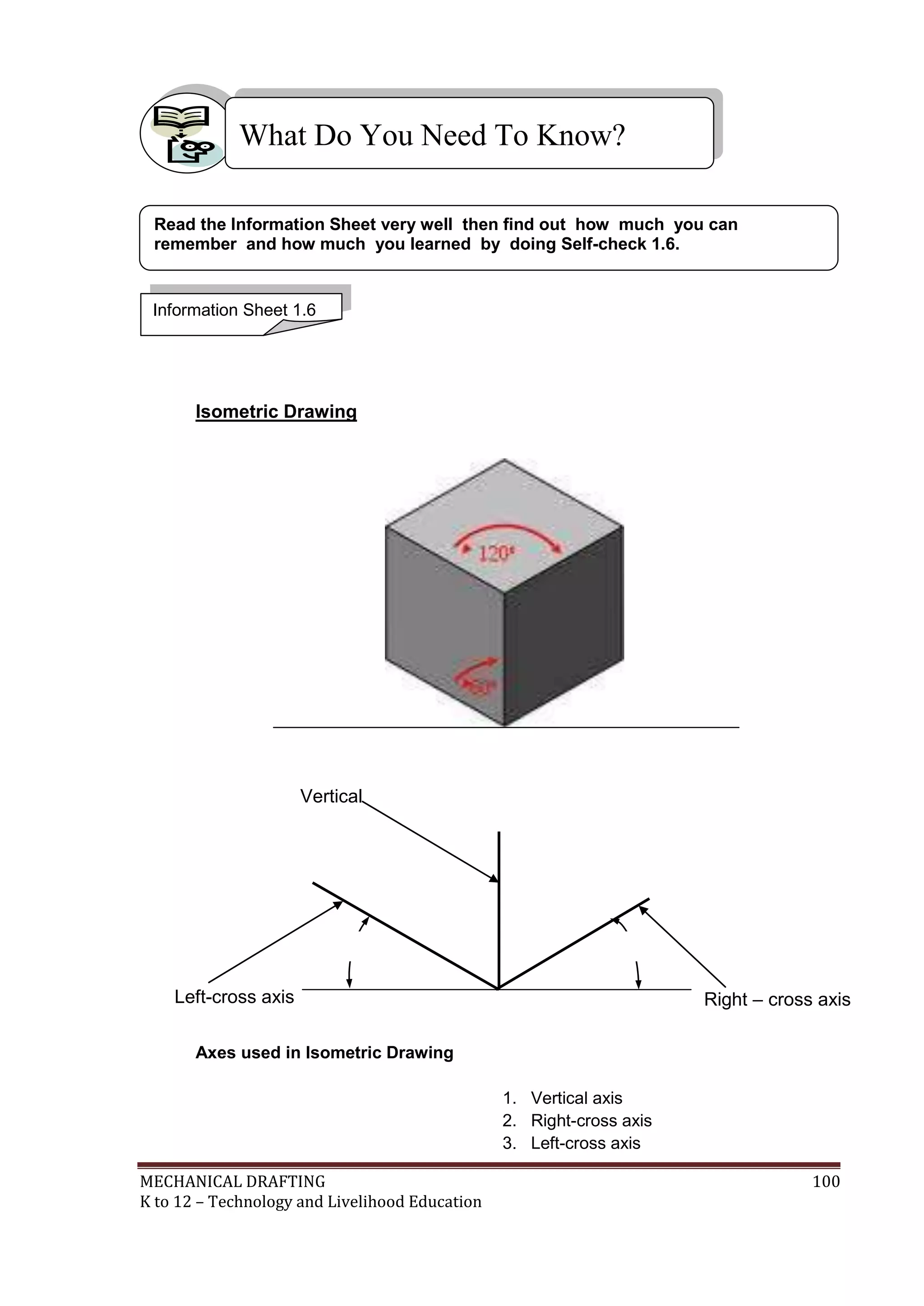 MECHANICAL DRAFTING 100
K to 12 – Technology and Livelihood Education
Isometric Drawing
Axes used in Isometric Drawing
1. Vertical axis
2. Right-cross axis
3. Left-cross axis
What Do You Need To Know?
Information Sheet 1.6
Read the Information Sheet very well then find out how much you can
remember and how much you learned by doing Self-check 1.6.
3
00
3
00
Vertical
axis
Right – cross axis
Left-cross axis
 