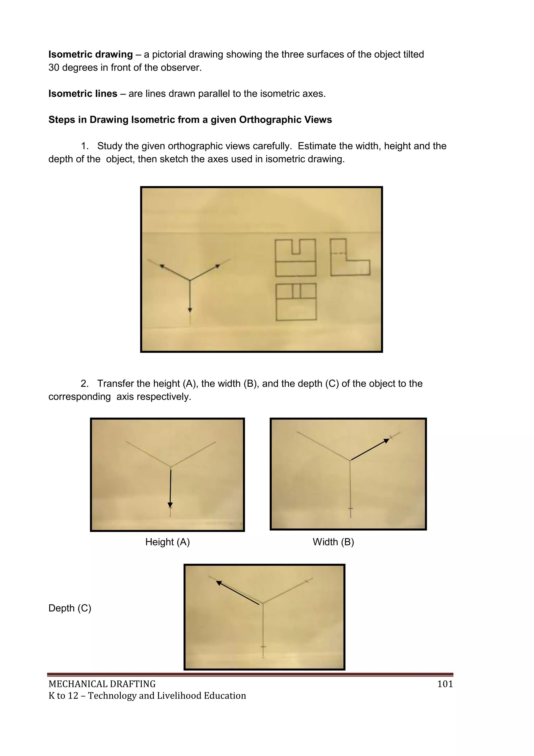MECHANICAL DRAFTING 101
K to 12 – Technology and Livelihood Education
Isometric drawing – a pictorial drawing showing the three surfaces of the object tilted
30 degrees in front of the observer.
Isometric lines – are lines drawn parallel to the isometric axes.
Steps in Drawing Isometric from a given Orthographic Views
1. Study the given orthographic views carefully. Estimate the width, height and the
depth of the object, then sketch the axes used in isometric drawing.
2. Transfer the height (A), the width (B), and the depth (C) of the object to the
corresponding axis respectively.
Height (A) Width (B)
Depth (C)
 
