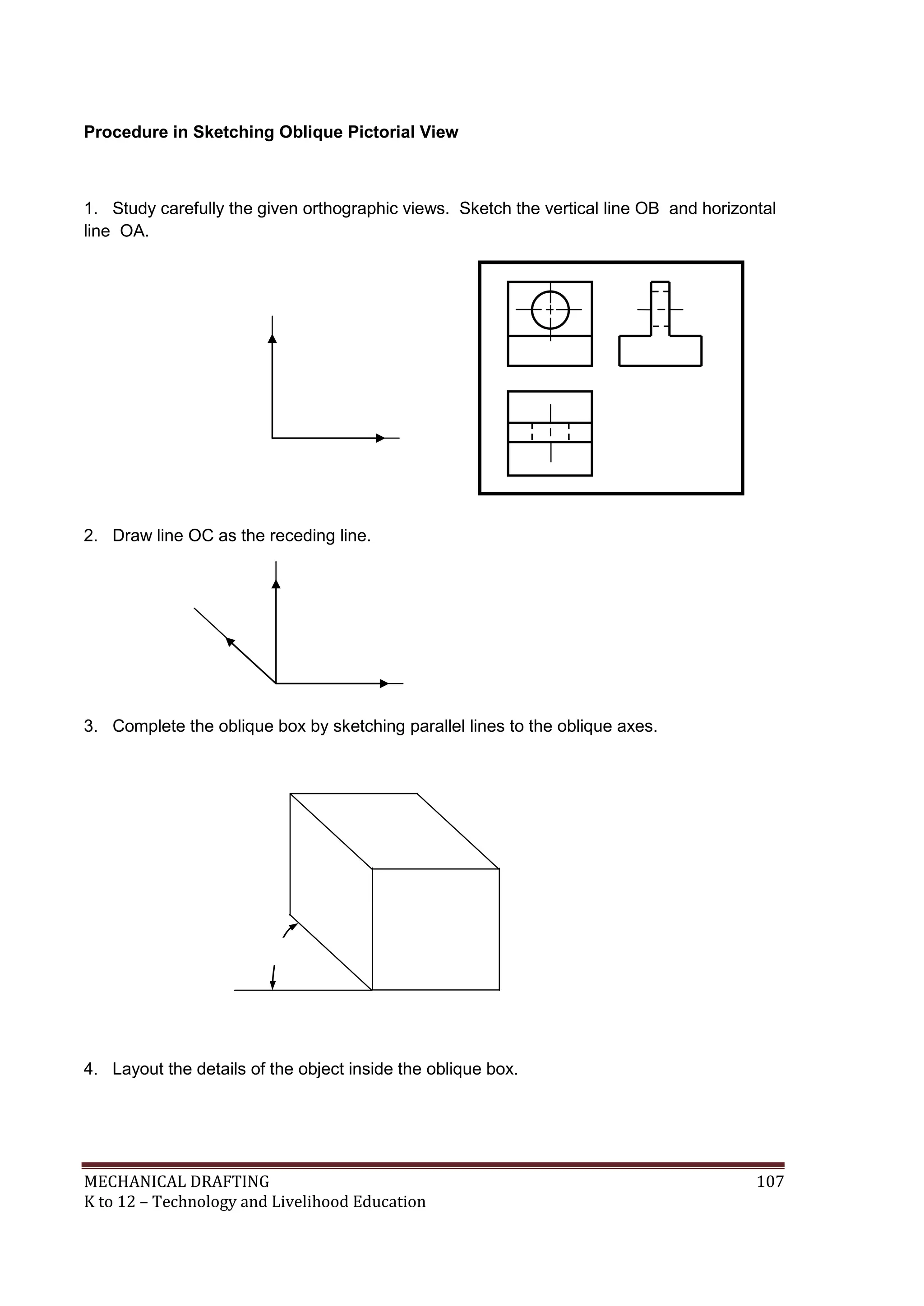 MECHANICAL DRAFTING 107
K to 12 – Technology and Livelihood Education
Procedure in Sketching Oblique Pictorial View
1. Study carefully the given orthographic views. Sketch the vertical line OB and horizontal
line OA.
2. Draw line OC as the receding line.
3. Complete the oblique box by sketching parallel lines to the oblique axes.
4. Layout the details of the object inside the oblique box.
A
B
O
C
A
B
O
C
4
50
A
B
O
 