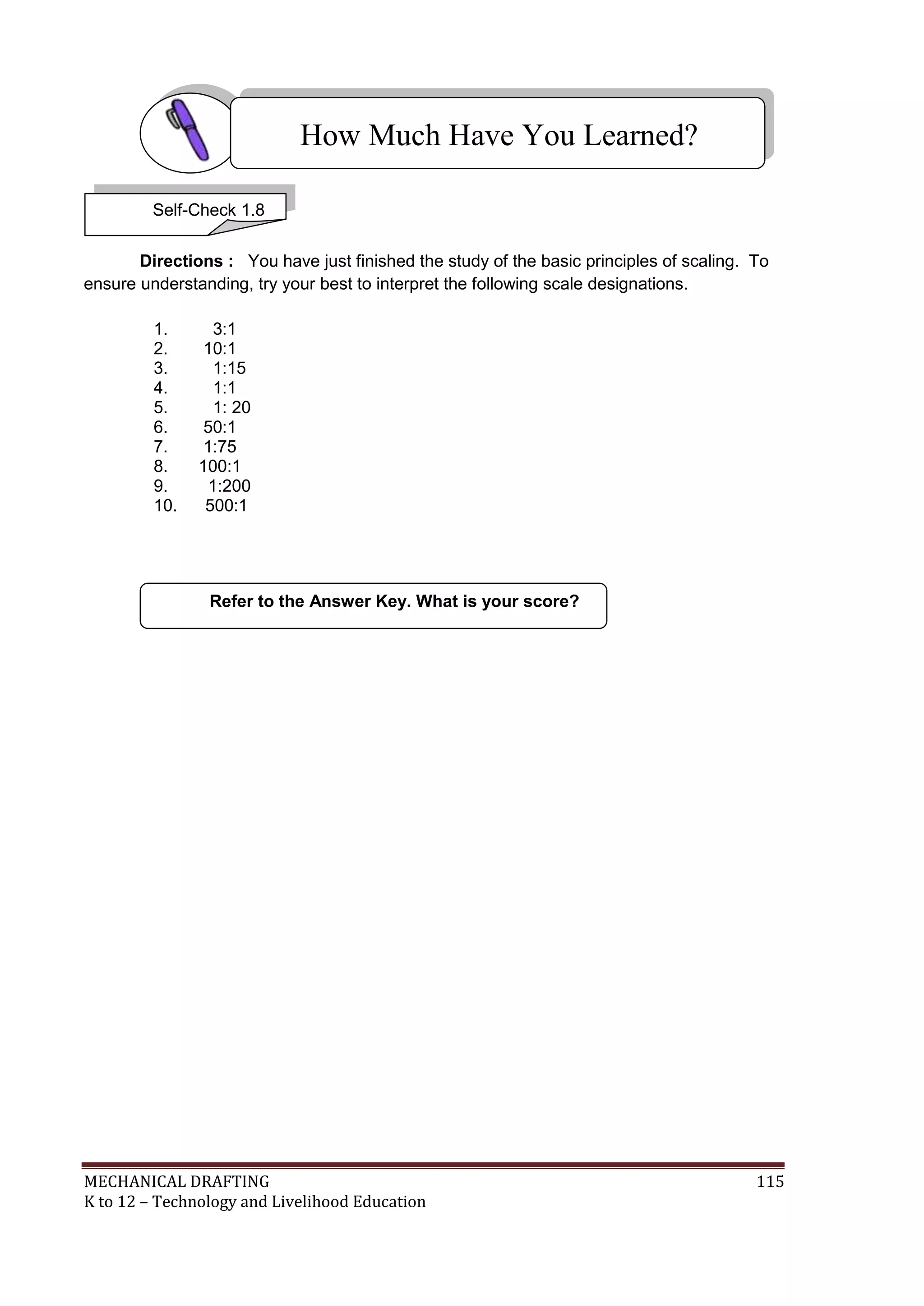 MECHANICAL DRAFTING 115
K to 12 – Technology and Livelihood Education
Directions : You have just finished the study of the basic principles of scaling. To
ensure understanding, try your best to interpret the following scale designations.
1. 3:1
2. 10:1
3. 1:15
4. 1:1
5. 1: 20
6. 50:1
7. 1:75
8. 100:1
9. 1:200
10. 500:1
Refer to the Answer Key. What is your score?
How Much Have You Learned?
Self-Check 1.8
 