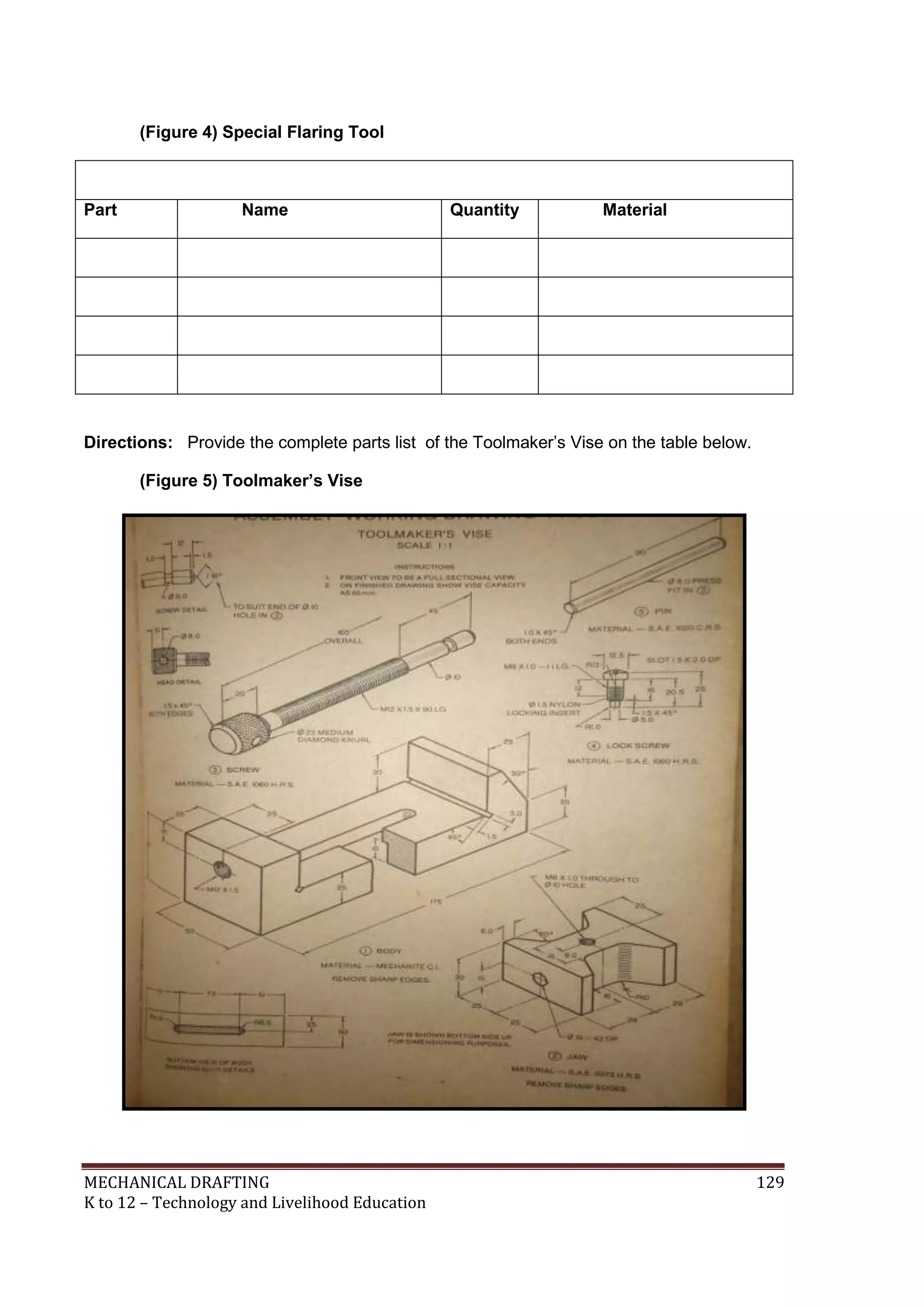 MECHANICAL DRAFTING 129
K to 12 – Technology and Livelihood Education
(Figure 4) Special Flaring Tool
Part Name Quantity Material
Directions: Provide the complete parts list of the Toolmaker’s Vise on the table below.
(Figure 5) Toolmaker’s Vise
 