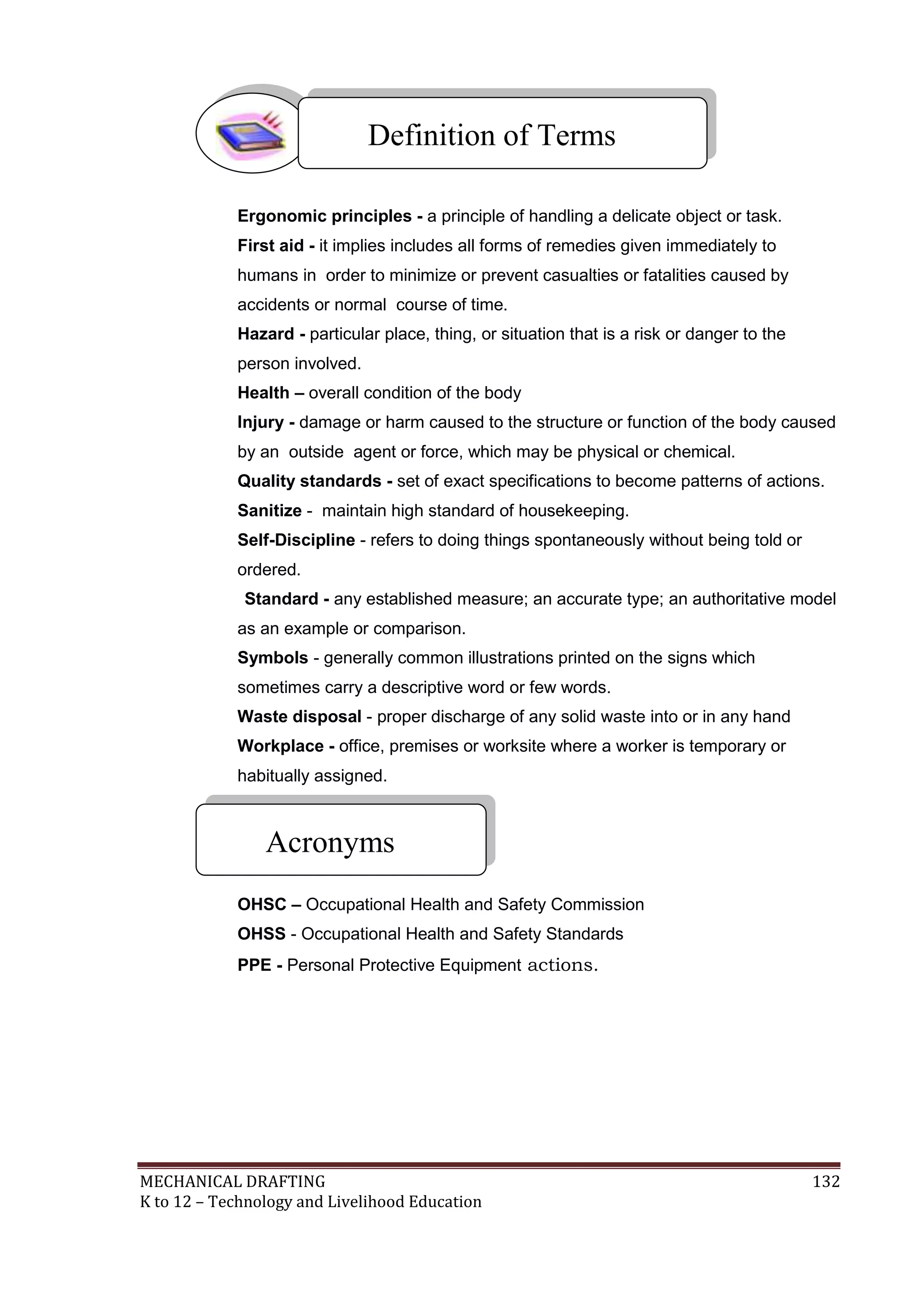 MECHANICAL DRAFTING 132
K to 12 – Technology and Livelihood Education
Ergonomic principles - a principle of handling a delicate object or task.
First aid - it implies includes all forms of remedies given immediately to
humans in order to minimize or prevent casualties or fatalities caused by
accidents or normal course of time.
Hazard - particular place, thing, or situation that is a risk or danger to the
person involved.
Health – overall condition of the body
Injury - damage or harm caused to the structure or function of the body caused
by an outside agent or force, which may be physical or chemical.
Quality standards - set of exact specifications to become patterns of actions.
Sanitize - maintain high standard of housekeeping.
Self-Discipline - refers to doing things spontaneously without being told or
ordered.
Standard - any established measure; an accurate type; an authoritative model
as an example or comparison.
Symbols - generally common illustrations printed on the signs which
sometimes carry a descriptive word or few words.
Waste disposal - proper discharge of any solid waste into or in any hand
Workplace - office, premises or worksite where a worker is temporary or
habitually assigned.
OHSC – Occupational Health and Safety Commission
OHSS - Occupational Health and Safety Standards
PPE - Personal Protective Equipment actions.
Acronyms
Definition of Terms
 