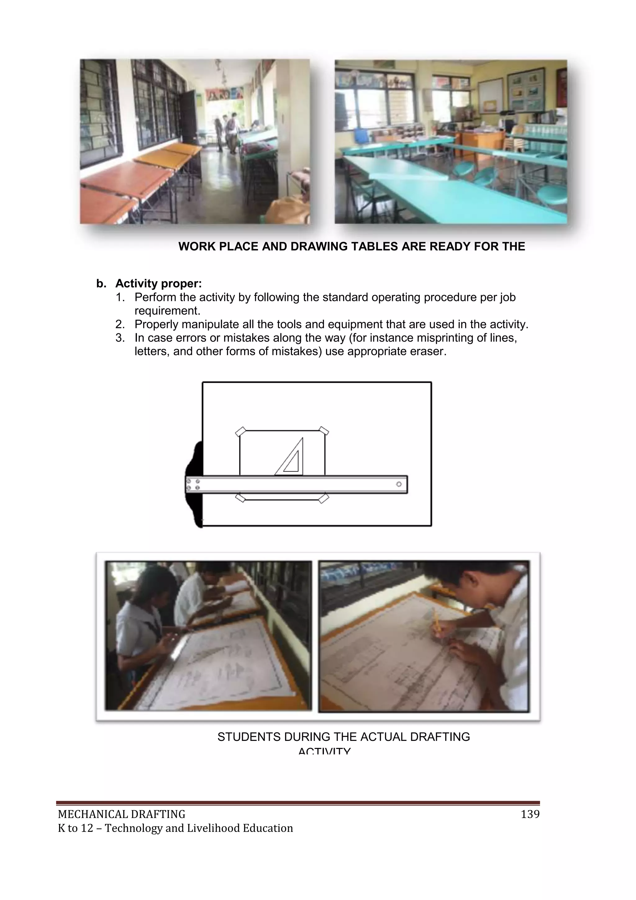MECHANICAL DRAFTING 139
K to 12 – Technology and Livelihood Education
b. Activity proper:
1. Perform the activity by following the standard operating procedure per job
requirement.
2. Properly manipulate all the tools and equipment that are used in the activity.
3. In case errors or mistakes along the way (for instance misprinting of lines,
letters, and other forms of mistakes) use appropriate eraser.
WORK PLACE AND DRAWING TABLES ARE READY FOR THE
ACTIVITY.
STUDENTS DURING THE ACTUAL DRAFTING
ACTIVITY
 