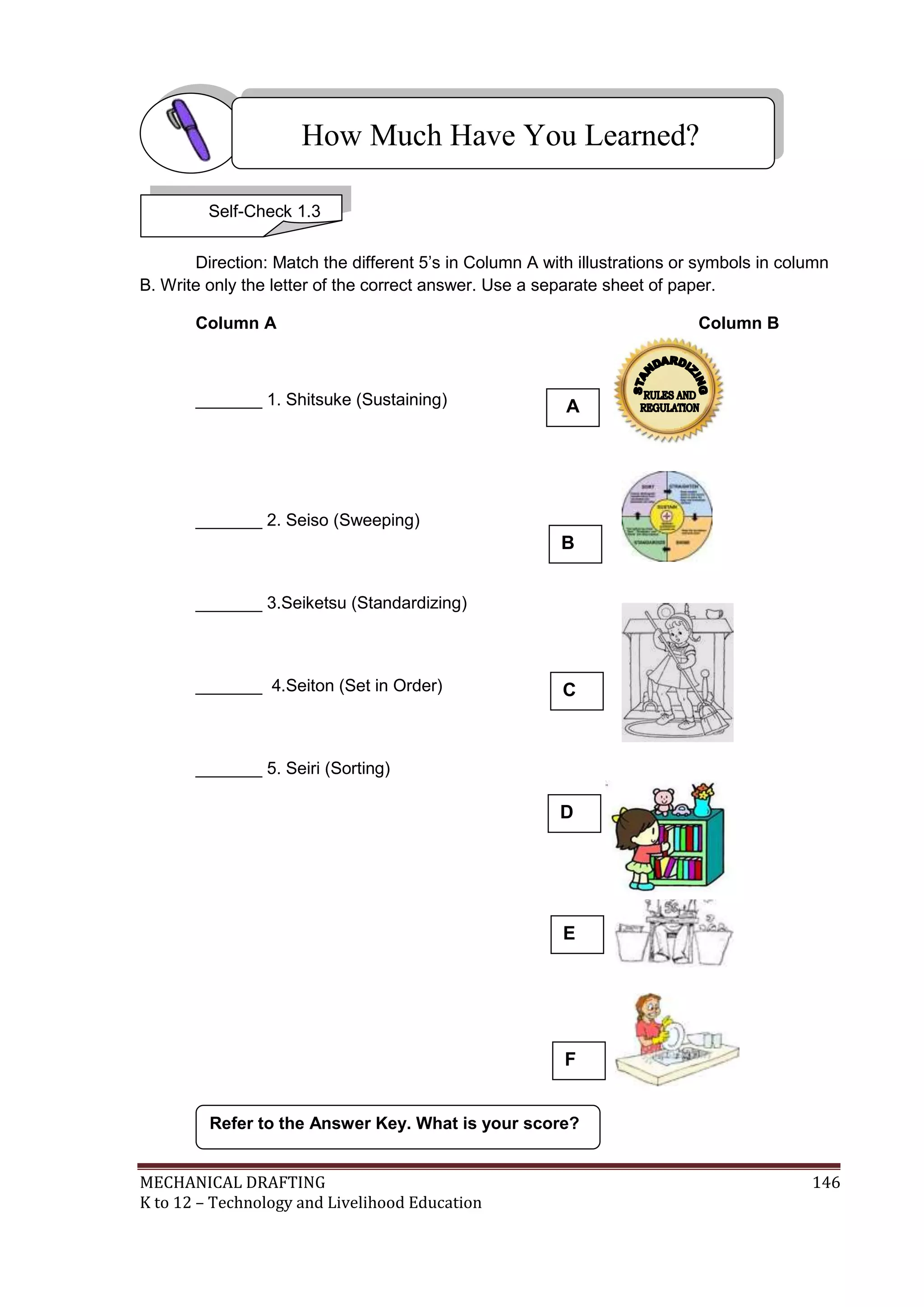 MECHANICAL DRAFTING 146
K to 12 – Technology and Livelihood Education
Direction: Match the different 5’s in Column A with illustrations or symbols in column
B. Write only the letter of the correct answer. Use a separate sheet of paper.
Column A Column B
_______ 1. Shitsuke (Sustaining)
_______ 2. Seiso (Sweeping)
_______ 3.Seiketsu (Standardizing)
_______ 4.Seiton (Set in Order)
_______ 5. Seiri (Sorting)
Refer to the Answer Key. What is your score?
How Much Have You Learned?
Self-Check 1.3
A
B
C
D
E
F
 