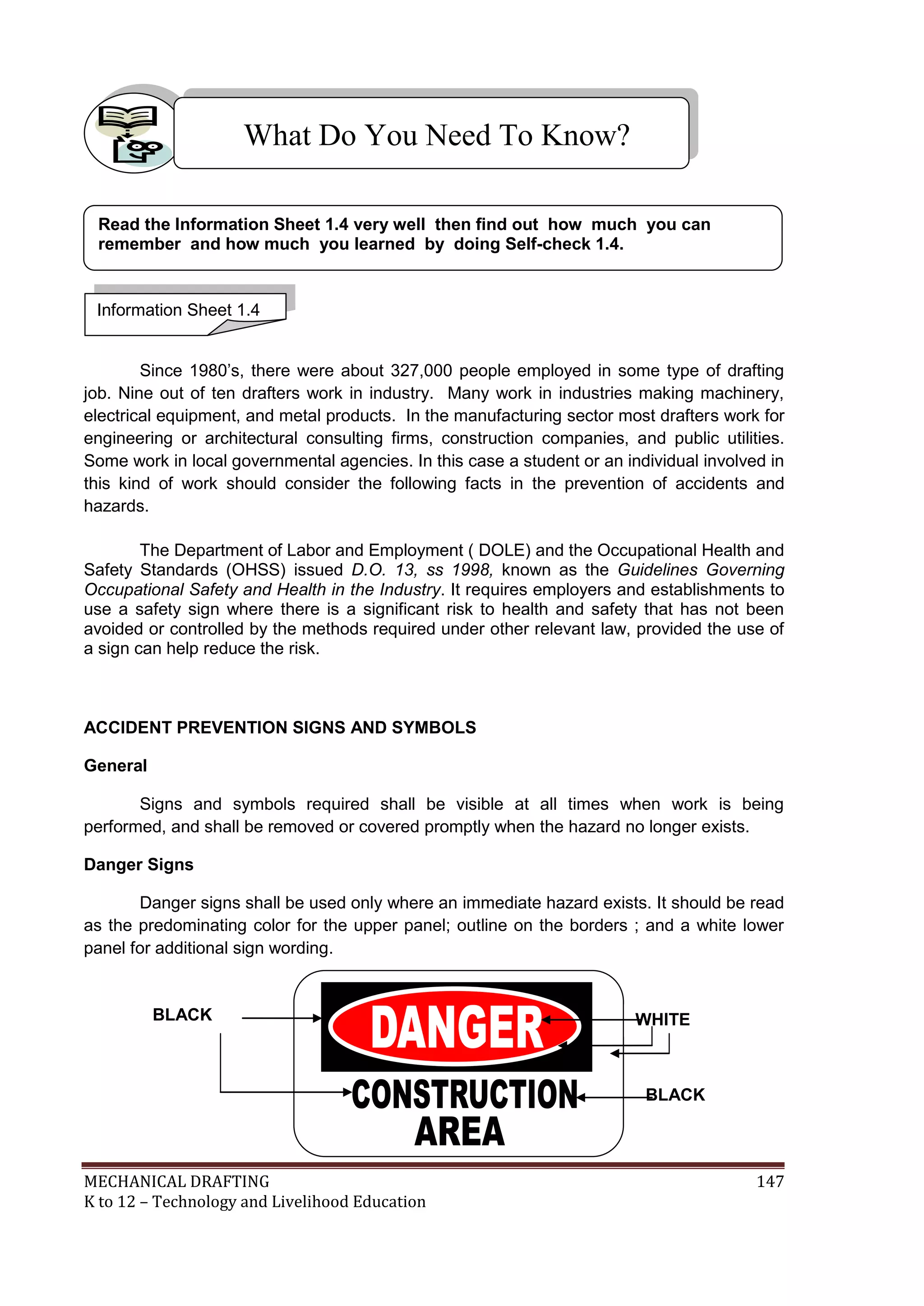 MECHANICAL DRAFTING 147
K to 12 – Technology and Livelihood Education
Since 1980’s, there were about 327,000 people employed in some type of drafting
job. Nine out of ten drafters work in industry. Many work in industries making machinery,
electrical equipment, and metal products. In the manufacturing sector most drafters work for
engineering or architectural consulting firms, construction companies, and public utilities.
Some work in local governmental agencies. In this case a student or an individual involved in
this kind of work should consider the following facts in the prevention of accidents and
hazards.
The Department of Labor and Employment ( DOLE) and the Occupational Health and
Safety Standards (OHSS) issued D.O. 13, ss 1998, known as the Guidelines Governing
Occupational Safety and Health in the Industry. It requires employers and establishments to
use a safety sign where there is a significant risk to health and safety that has not been
avoided or controlled by the methods required under other relevant law, provided the use of
a sign can help reduce the risk.
ACCIDENT PREVENTION SIGNS AND SYMBOLS
General
Signs and symbols required shall be visible at all times when work is being
performed, and shall be removed or covered promptly when the hazard no longer exists.
Danger Signs
Danger signs shall be used only where an immediate hazard exists. It should be read
as the predominating color for the upper panel; outline on the borders ; and a white lower
panel for additional sign wording.
What Do You Need To Know?
Information Sheet 1.4
Read the Information Sheet 1.4 very well then find out how much you can
remember and how much you learned by doing Self-check 1.4.
WHITE
BLACK
BLACK
 