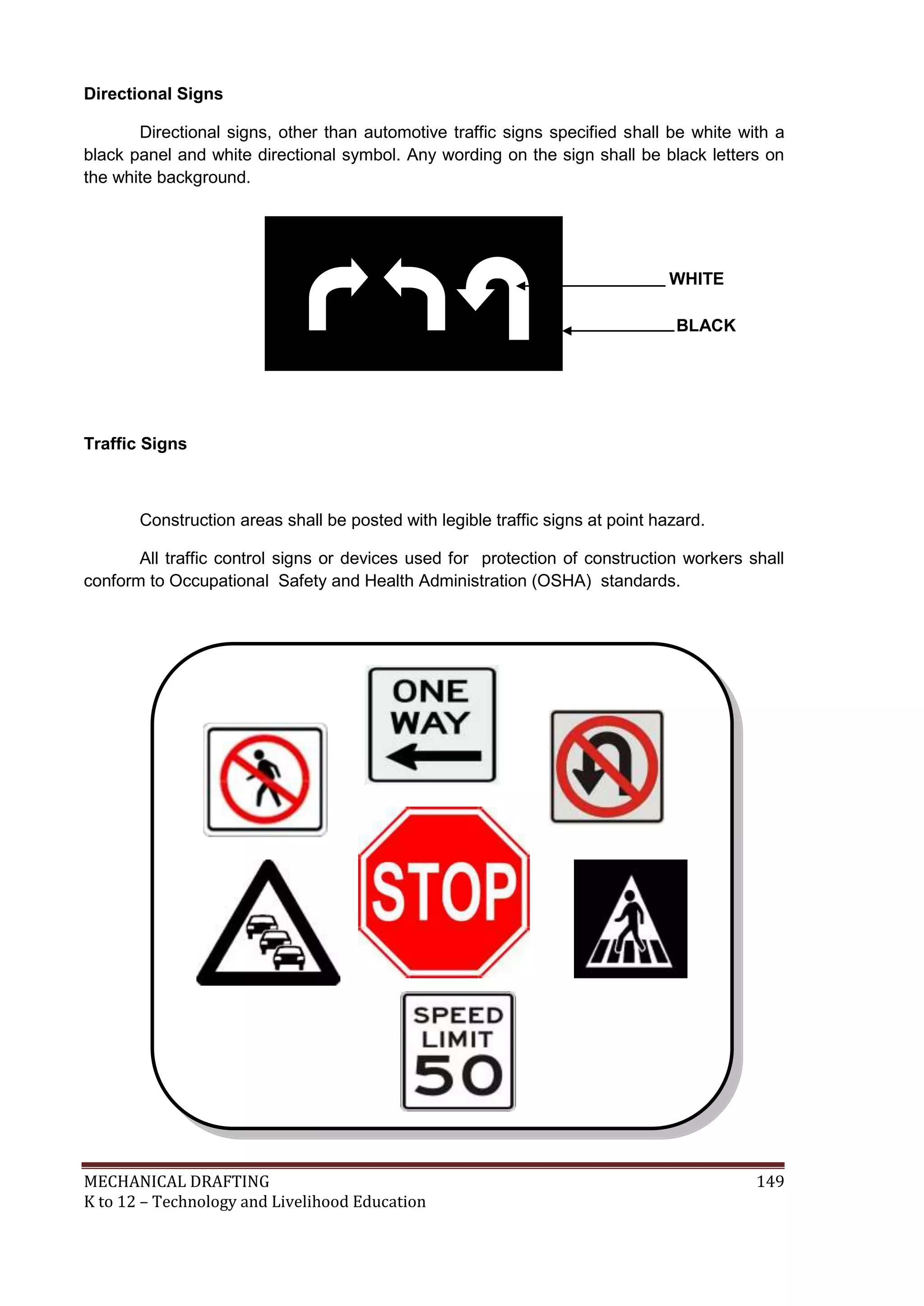 MECHANICAL DRAFTING 149
K to 12 – Technology and Livelihood Education
Directional Signs
Directional signs, other than automotive traffic signs specified shall be white with a
black panel and white directional symbol. Any wording on the sign shall be black letters on
the white background.
Traffic Signs
Construction areas shall be posted with legible traffic signs at point hazard.
All traffic control signs or devices used for protection of construction workers shall
conform to Occupational Safety and Health Administration (OSHA) standards.
WHITE
BLACK
 