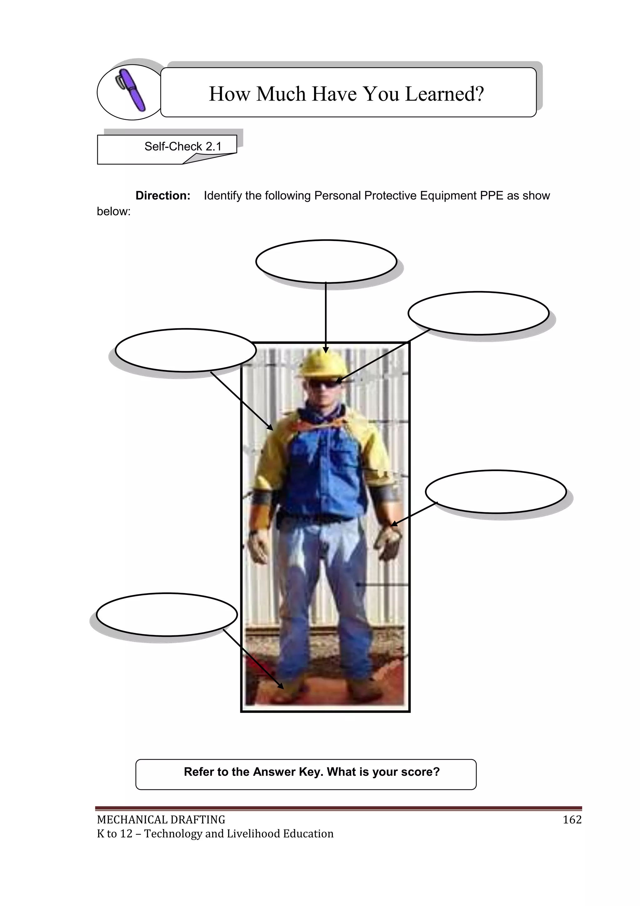 MECHANICAL DRAFTING 162
K to 12 – Technology and Livelihood Education
Direction: Identify the following Personal Protective Equipment PPE as show
below:
Refer to the Answer Key. What is your score?
How Much Have You Learned?
Self-Check 2.1
2
1
3
4
5
 