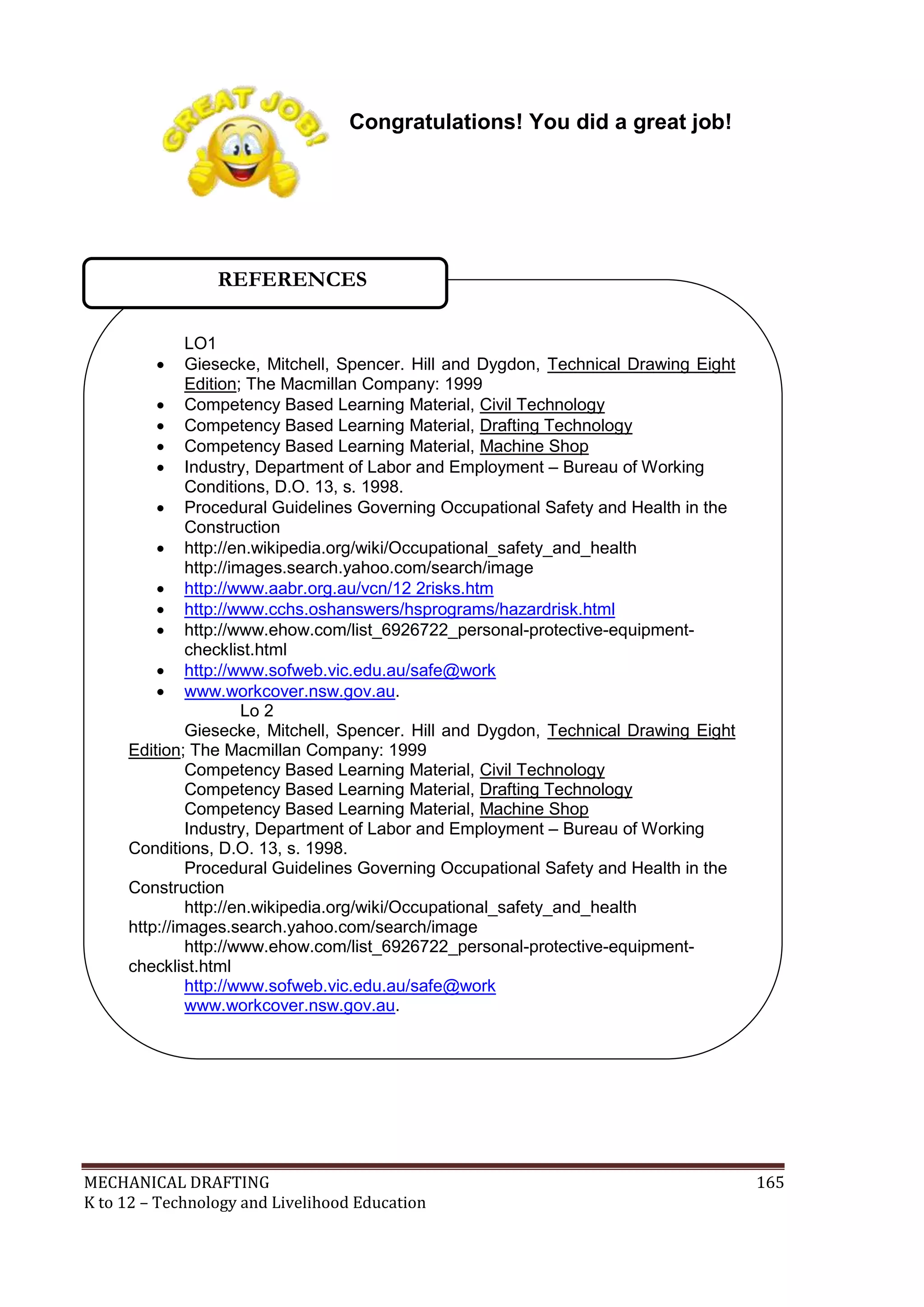 MECHANICAL DRAFTING 165
K to 12 – Technology and Livelihood Education
Congratulations! You did a great job!
LO1
 Giesecke, Mitchell, Spencer. Hill and Dygdon, Technical Drawing Eight
Edition; The Macmillan Company: 1999
 Competency Based Learning Material, Civil Technology
 Competency Based Learning Material, Drafting Technology
 Competency Based Learning Material, Machine Shop
 Industry, Department of Labor and Employment – Bureau of Working
Conditions, D.O. 13, s. 1998.
 Procedural Guidelines Governing Occupational Safety and Health in the
Construction
 http://en.wikipedia.org/wiki/Occupational_safety_and_health
http://images.search.yahoo.com/search/image
 http://www.aabr.org.au/vcn/12 2risks.htm
 http://www.cchs.oshanswers/hsprograms/hazardrisk.html
 http://www.ehow.com/list_6926722_personal-protective-equipment-
checklist.html
 http://www.sofweb.vic.edu.au/safe@work
 www.workcover.nsw.gov.au.
Lo 2
Giesecke, Mitchell, Spencer. Hill and Dygdon, Technical Drawing Eight
Edition; The Macmillan Company: 1999
Competency Based Learning Material, Civil Technology
Competency Based Learning Material, Drafting Technology
Competency Based Learning Material, Machine Shop
Industry, Department of Labor and Employment – Bureau of Working
Conditions, D.O. 13, s. 1998.
Procedural Guidelines Governing Occupational Safety and Health in the
Construction
http://en.wikipedia.org/wiki/Occupational_safety_and_health
http://images.search.yahoo.com/search/image
http://www.ehow.com/list_6926722_personal-protective-equipment-
checklist.html
http://www.sofweb.vic.edu.au/safe@work
www.workcover.nsw.gov.au.
REFERENCES
 