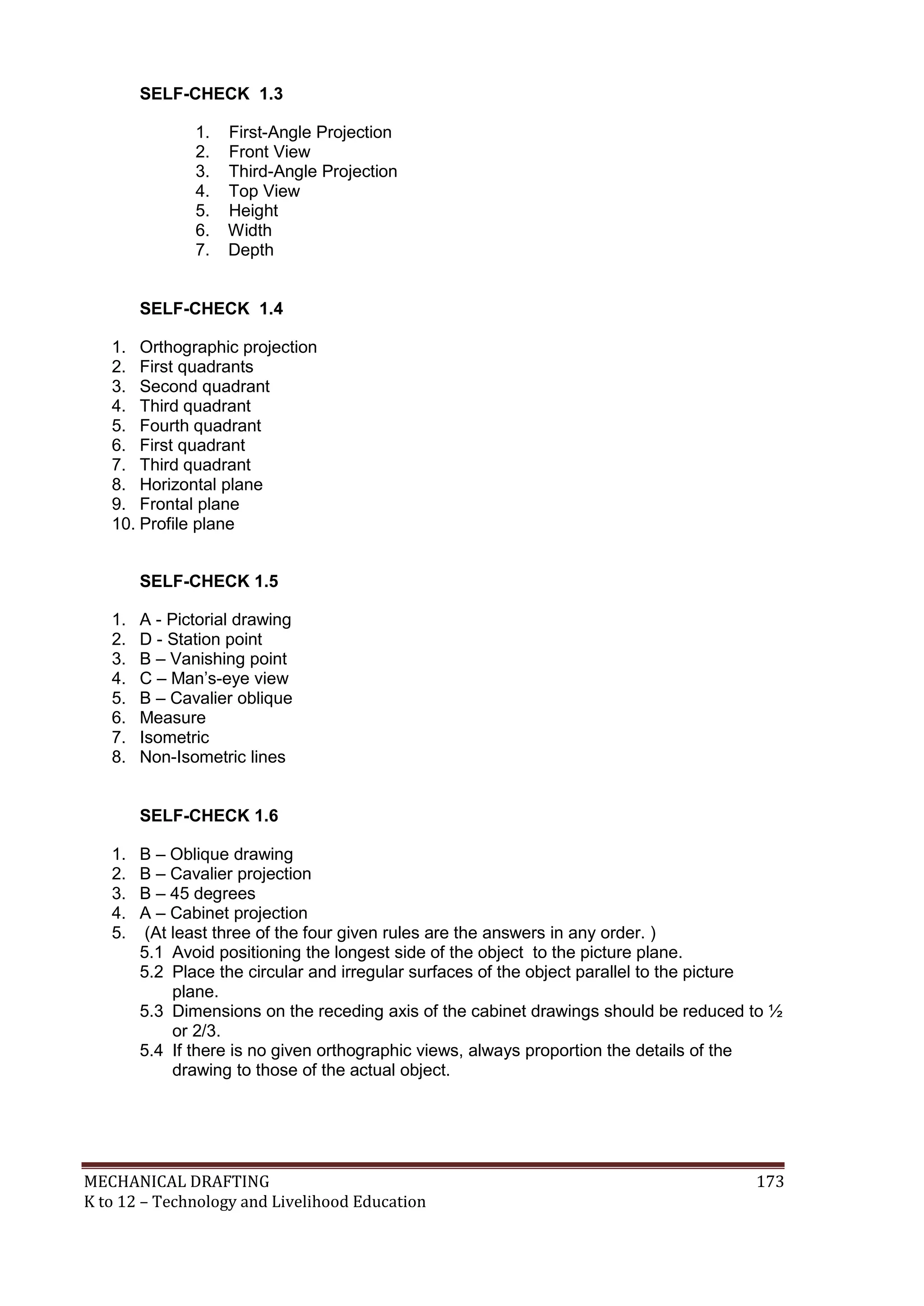 MECHANICAL DRAFTING 173
K to 12 – Technology and Livelihood Education
SELF-CHECK 1.3
1. First-Angle Projection
2. Front View
3. Third-Angle Projection
4. Top View
5. Height
6. Width
7. Depth
SELF-CHECK 1.4
1. Orthographic projection
2. First quadrants
3. Second quadrant
4. Third quadrant
5. Fourth quadrant
6. First quadrant
7. Third quadrant
8. Horizontal plane
9. Frontal plane
10. Profile plane
SELF-CHECK 1.5
1. A - Pictorial drawing
2. D - Station point
3. B – Vanishing point
4. C – Man’s-eye view
5. B – Cavalier oblique
6. Measure
7. Isometric
8. Non-Isometric lines
SELF-CHECK 1.6
1. B – Oblique drawing
2. B – Cavalier projection
3. B – 45 degrees
4. A – Cabinet projection
5. (At least three of the four given rules are the answers in any order. )
5.1 Avoid positioning the longest side of the object to the picture plane.
5.2 Place the circular and irregular surfaces of the object parallel to the picture
plane.
5.3 Dimensions on the receding axis of the cabinet drawings should be reduced to ½
or 2/3.
5.4 If there is no given orthographic views, always proportion the details of the
drawing to those of the actual object.
 