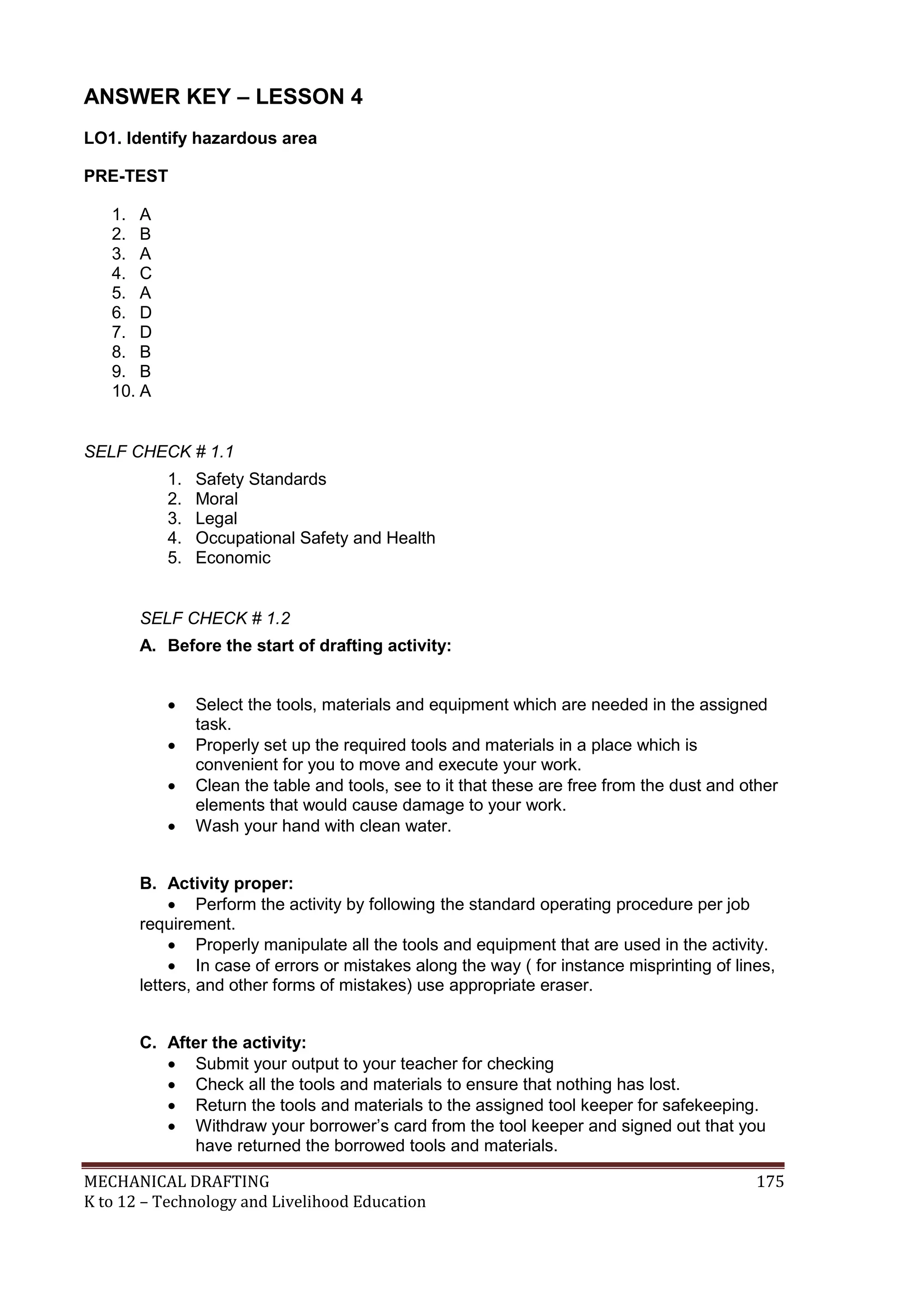 MECHANICAL DRAFTING 175
K to 12 – Technology and Livelihood Education
ANSWER KEY – LESSON 4
LO1. Identify hazardous area
PRE-TEST
1. A
2. B
3. A
4. C
5. A
6. D
7. D
8. B
9. B
10. A
SELF CHECK # 1.1
1. Safety Standards
2. Moral
3. Legal
4. Occupational Safety and Health
5. Economic
SELF CHECK # 1.2
A. Before the start of drafting activity:
 Select the tools, materials and equipment which are needed in the assigned
task.
 Properly set up the required tools and materials in a place which is
convenient for you to move and execute your work.
 Clean the table and tools, see to it that these are free from the dust and other
elements that would cause damage to your work.
 Wash your hand with clean water.
B. Activity proper:
 Perform the activity by following the standard operating procedure per job
requirement.
 Properly manipulate all the tools and equipment that are used in the activity.
 In case of errors or mistakes along the way ( for instance misprinting of lines,
letters, and other forms of mistakes) use appropriate eraser.
C. After the activity:
 Submit your output to your teacher for checking
 Check all the tools and materials to ensure that nothing has lost.
 Return the tools and materials to the assigned tool keeper for safekeeping.
 Withdraw your borrower’s card from the tool keeper and signed out that you
have returned the borrowed tools and materials.
 