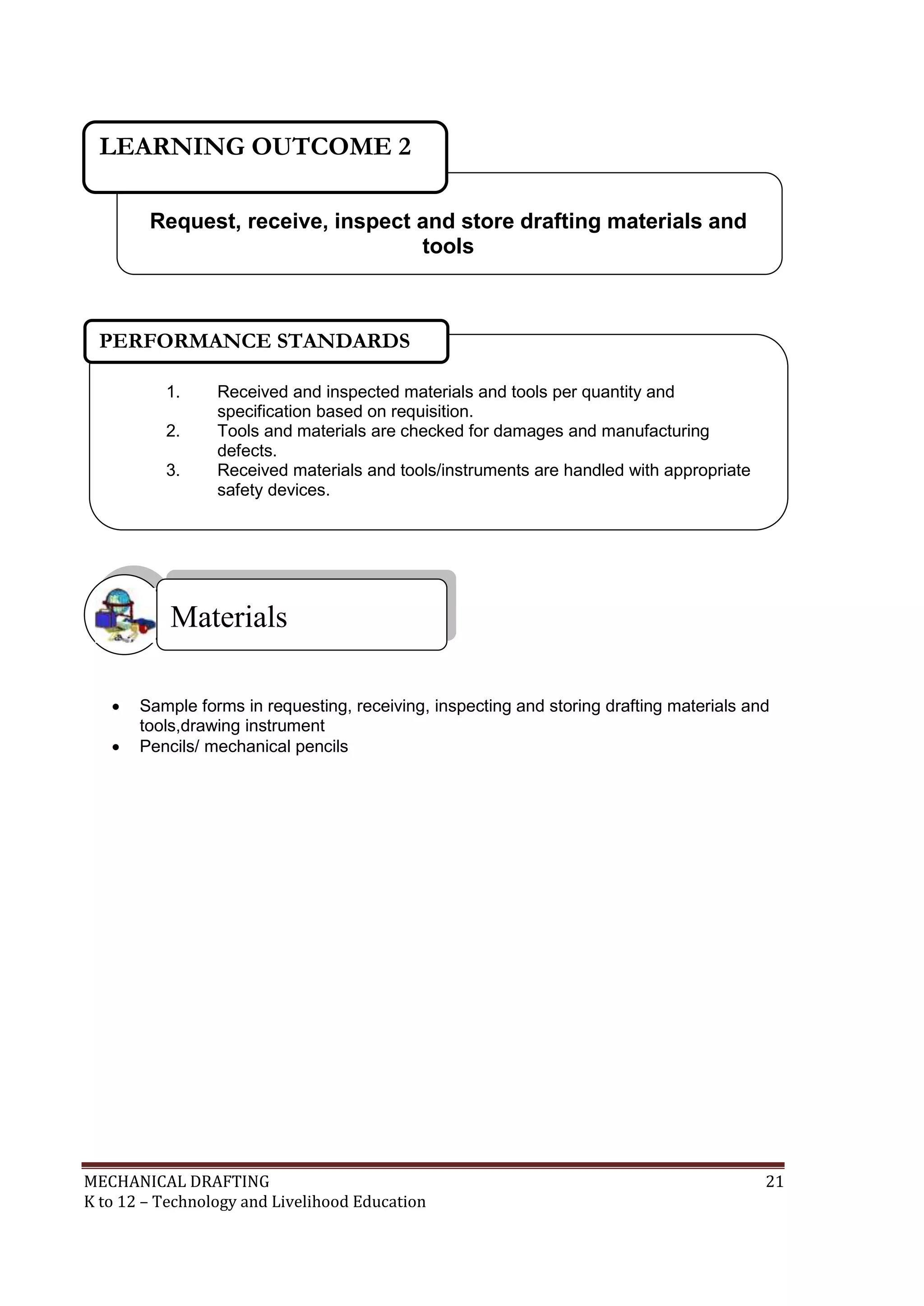 MECHANICAL DRAFTING 21
K to 12 – Technology and Livelihood Education
 Sample forms in requesting, receiving, inspecting and storing drafting materials and
tools,drawing instrument
 Pencils/ mechanical pencils
Materials
Request, receive, inspect and store drafting materials and
tools
LEARNING OUTCOME 2
1. Received and inspected materials and tools per quantity and
specification based on requisition.
2. Tools and materials are checked for damages and manufacturing
defects.
3. Received materials and tools/instruments are handled with appropriate
safety devices.
PERFORMANCE STANDARDS
 