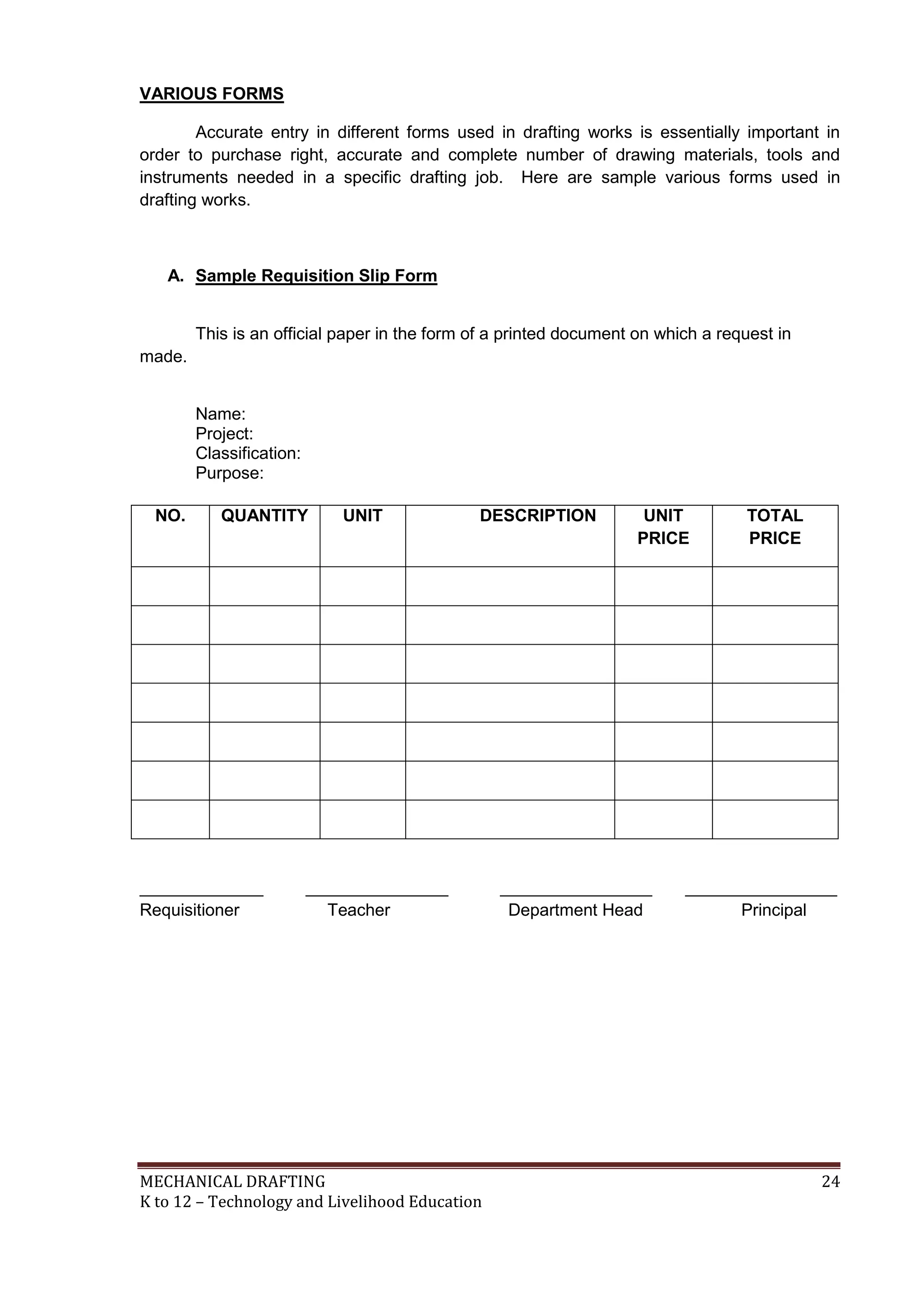 MECHANICAL DRAFTING 24
K to 12 – Technology and Livelihood Education
VARIOUS FORMS
Accurate entry in different forms used in drafting works is essentially important in
order to purchase right, accurate and complete number of drawing materials, tools and
instruments needed in a specific drafting job. Here are sample various forms used in
drafting works.
A. Sample Requisition Slip Form
This is an official paper in the form of a printed document on which a request in
made.
Name:
Project:
Classification:
Purpose:
NO. QUANTITY UNIT DESCRIPTION UNIT
PRICE
TOTAL
PRICE
_____________ _______________ ________________ ________________
Requisitioner Teacher Department Head Principal
 