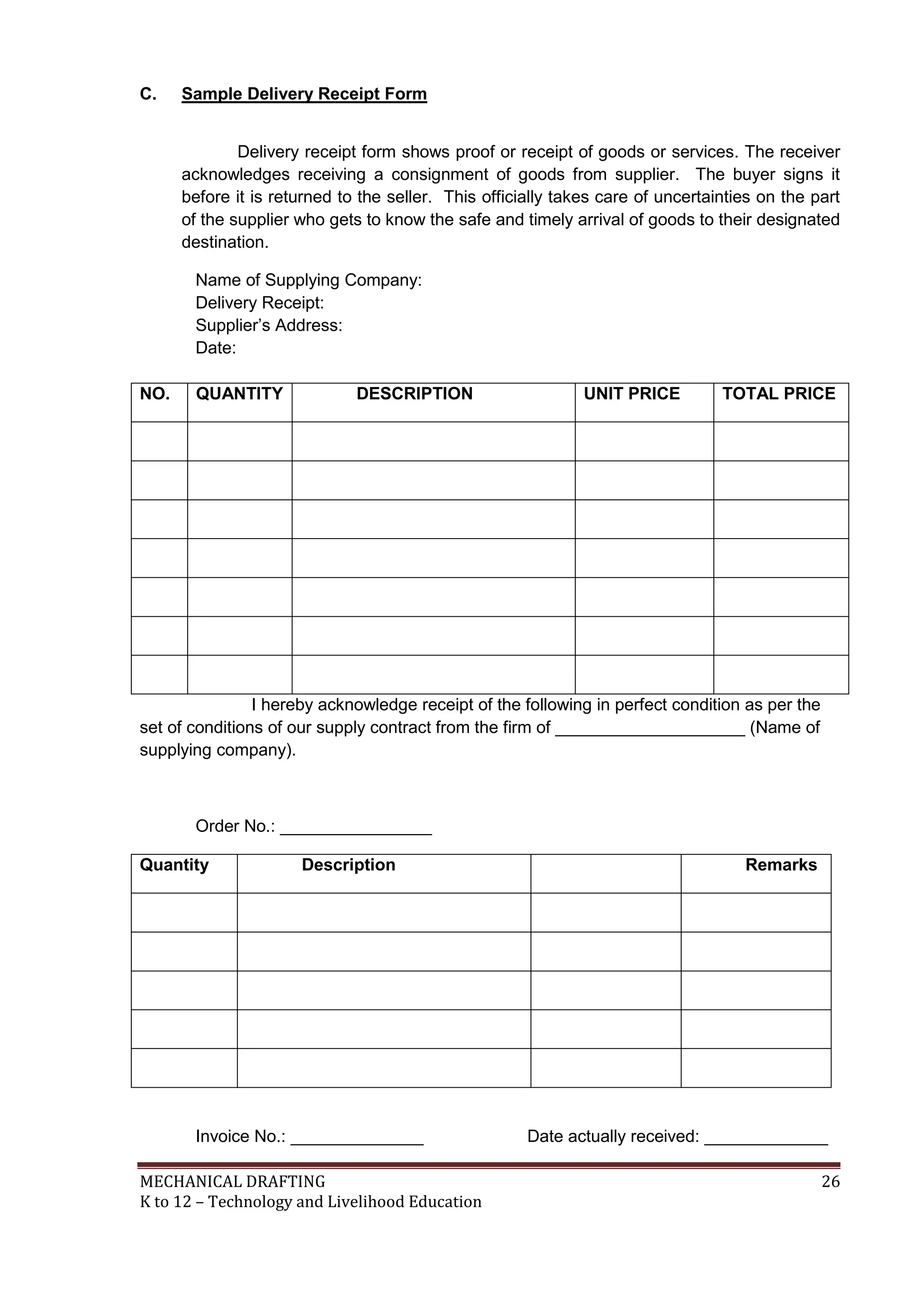 MECHANICAL DRAFTING 26
K to 12 – Technology and Livelihood Education
C. Sample Delivery Receipt Form
Delivery receipt form shows proof or receipt of goods or services. The receiver
acknowledges receiving a consignment of goods from supplier. The buyer signs it
before it is returned to the seller. This officially takes care of uncertainties on the part
of the supplier who gets to know the safe and timely arrival of goods to their designated
destination.
Name of Supplying Company:
Delivery Receipt:
Supplier’s Address:
Date:
NO. QUANTITY DESCRIPTION UNIT PRICE TOTAL PRICE
I hereby acknowledge receipt of the following in perfect condition as per the
set of conditions of our supply contract from the firm of ____________________ (Name of
supplying company).
Order No.: ________________
Quantity Description Remarks
Invoice No.: ______________ Date actually received: _____________
 