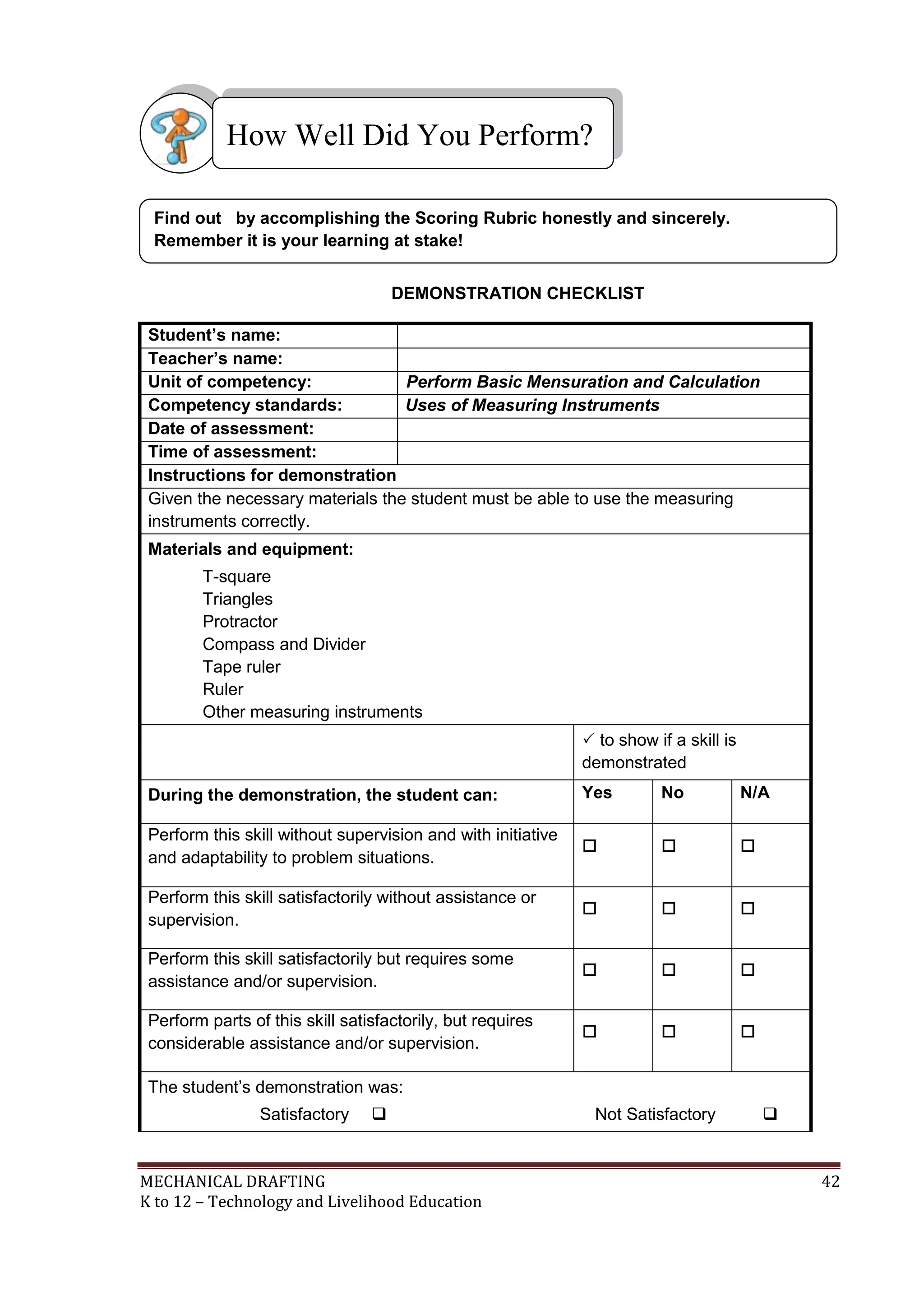 MECHANICAL DRAFTING 42
K to 12 – Technology and Livelihood Education
DEMONSTRATION CHECKLIST
Student’s name:
Teacher’s name:
Unit of competency: Perform Basic Mensuration and Calculation
Competency standards: Uses of Measuring Instruments
Date of assessment:
Time of assessment:
Instructions for demonstration
Given the necessary materials the student must be able to use the measuring
instruments correctly.
Materials and equipment:
T-square
Triangles
Protractor
Compass and Divider
Tape ruler
Ruler
Other measuring instruments
 to show if a skill is
demonstrated
During the demonstration, the student can: Yes No N/A
Perform this skill without supervision and with initiative
and adaptability to problem situations.
  
Perform this skill satisfactorily without assistance or
supervision.
  
Perform this skill satisfactorily but requires some
assistance and/or supervision.
  
Perform parts of this skill satisfactorily, but requires
considerable assistance and/or supervision.
  
The student’s demonstration was:
Satisfactory  Not Satisfactory 
Find out by accomplishing the Scoring Rubric honestly and sincerely.
Remember it is your learning at stake!
How Well Did You Perform?
 