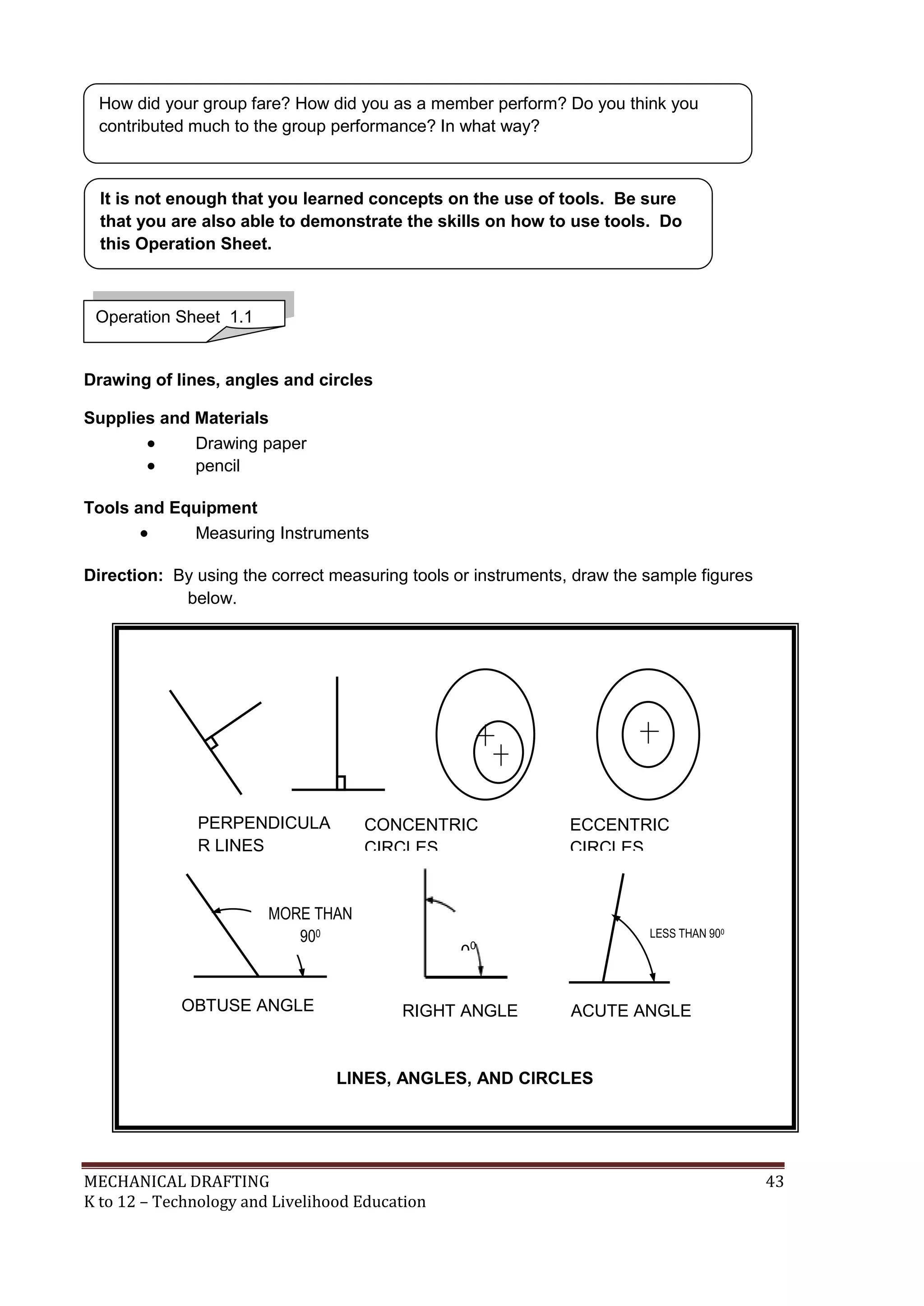 MECHANICAL DRAFTING 43
K to 12 – Technology and Livelihood Education
Drawing of lines, angles and circles
Supplies and Materials
 Drawing paper
 pencil
Tools and Equipment
 Measuring Instruments
Direction: By using the correct measuring tools or instruments, draw the sample figures
below.
It is not enough that you learned concepts on the use of tools. Be sure
that you are also able to demonstrate the skills on how to use tools. Do
this Operation Sheet.
Operation Sheet 1.1
LINES, ANGLES, AND CIRCLES
9
00
LESS THAN 900
RIGHT ANGLE ACUTE ANGLE
OBTUSE ANGLE
MORE THAN
900
PERPENDICULA
R LINES
CONCENTRIC
CIRCLES
ECCENTRIC
CIRCLES
How did your group fare? How did you as a member perform? Do you think you
contributed much to the group performance? In what way?
 