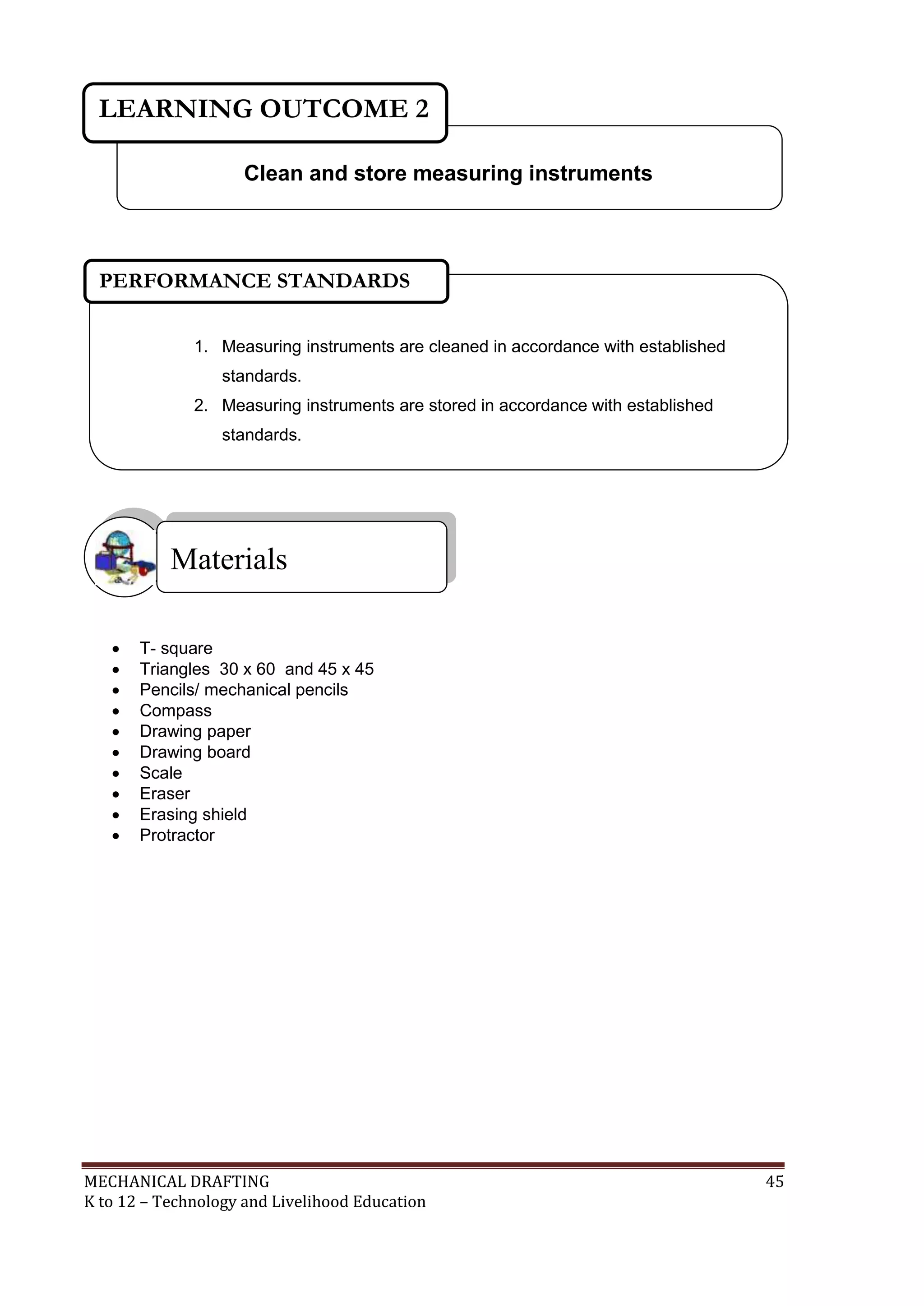 MECHANICAL DRAFTING 45
K to 12 – Technology and Livelihood Education
 T- square
 Triangles 30 x 60 and 45 x 45
 Pencils/ mechanical pencils
 Compass
 Drawing paper
 Drawing board
 Scale
 Eraser
 Erasing shield
 Protractor
Materials
Clean and store measuring instruments
LEARNING OUTCOME 2
1. Measuring instruments are cleaned in accordance with established
standards.
2. Measuring instruments are stored in accordance with established
standards.
PERFORMANCE STANDARDS
 