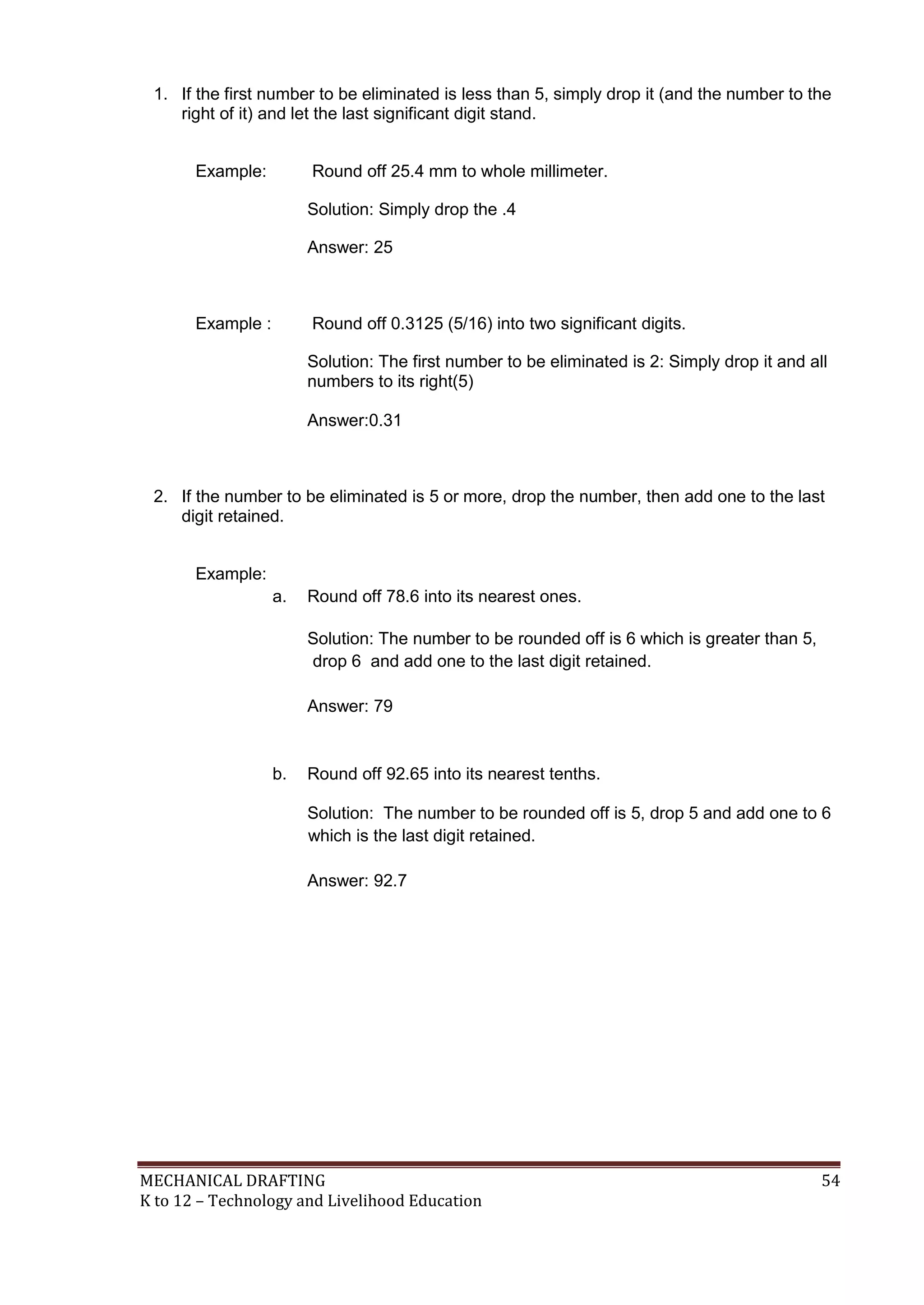 MECHANICAL DRAFTING 54
K to 12 – Technology and Livelihood Education
1. If the first number to be eliminated is less than 5, simply drop it (and the number to the
right of it) and let the last significant digit stand.
Example: Round off 25.4 mm to whole millimeter.
Solution: Simply drop the .4
Answer: 25
Example : Round off 0.3125 (5/16) into two significant digits.
Solution: The first number to be eliminated is 2: Simply drop it and all
numbers to its right(5)
Answer:0.31
2. If the number to be eliminated is 5 or more, drop the number, then add one to the last
digit retained.
Example:
a. Round off 78.6 into its nearest ones.
Solution: The number to be rounded off is 6 which is greater than 5,
drop 6 and add one to the last digit retained.
Answer: 79
b. Round off 92.65 into its nearest tenths.
Solution: The number to be rounded off is 5, drop 5 and add one to 6
which is the last digit retained.
Answer: 92.7
 