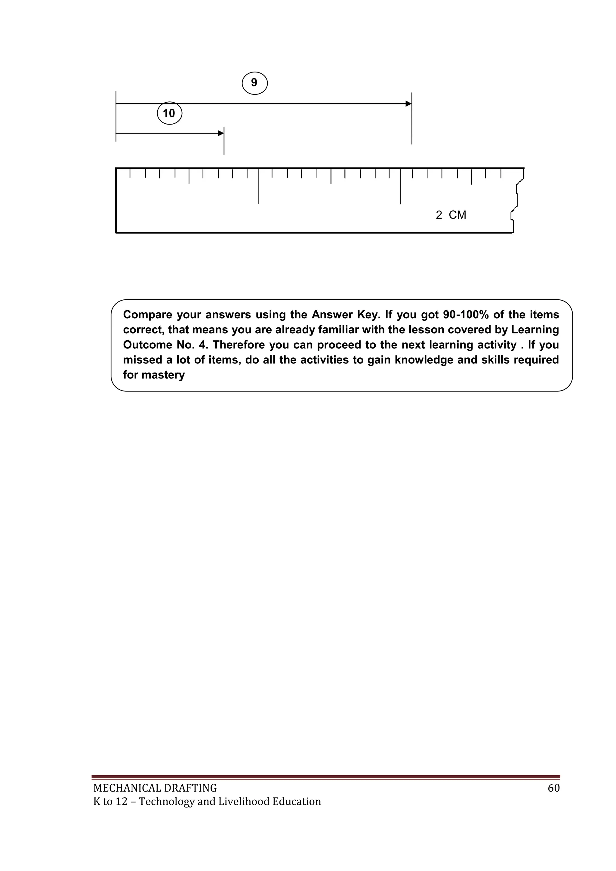 MECHANICAL DRAFTING 60
K to 12 – Technology and Livelihood Education
1 2 CM
9
10
Compare your answers using the Answer Key. If you got 90-100% of the items
correct, that means you are already familiar with the lesson covered by Learning
Outcome No. 4. Therefore you can proceed to the next learning activity . If you
missed a lot of items, do all the activities to gain knowledge and skills required
for mastery
 