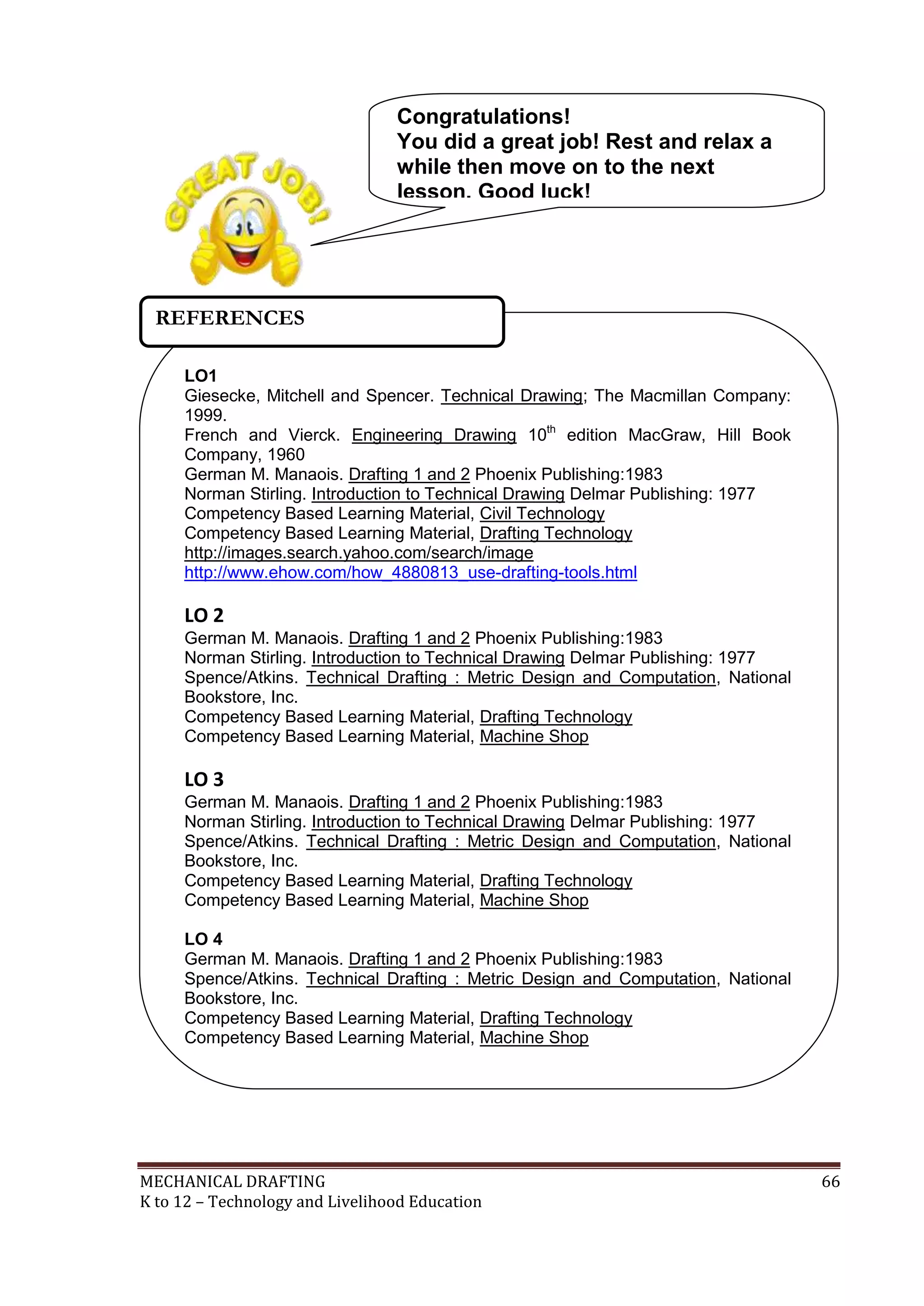 MECHANICAL DRAFTING 66
K to 12 – Technology and Livelihood Education
LO1
Giesecke, Mitchell and Spencer. Technical Drawing; The Macmillan Company:
1999.
French and Vierck. Engineering Drawing 10th
edition MacGraw, Hill Book
Company, 1960
German M. Manaois. Drafting 1 and 2 Phoenix Publishing:1983
Norman Stirling. Introduction to Technical Drawing Delmar Publishing: 1977
Competency Based Learning Material, Civil Technology
Competency Based Learning Material, Drafting Technology
http://images.search.yahoo.com/search/image
http://www.ehow.com/how_4880813_use-drafting-tools.html
LO 2
German M. Manaois. Drafting 1 and 2 Phoenix Publishing:1983
Norman Stirling. Introduction to Technical Drawing Delmar Publishing: 1977
Spence/Atkins. Technical Drafting : Metric Design and Computation, National
Bookstore, Inc.
Competency Based Learning Material, Drafting Technology
Competency Based Learning Material, Machine Shop
LO 3
German M. Manaois. Drafting 1 and 2 Phoenix Publishing:1983
Norman Stirling. Introduction to Technical Drawing Delmar Publishing: 1977
Spence/Atkins. Technical Drafting : Metric Design and Computation, National
Bookstore, Inc.
Competency Based Learning Material, Drafting Technology
Competency Based Learning Material, Machine Shop
LO 4
German M. Manaois. Drafting 1 and 2 Phoenix Publishing:1983
Spence/Atkins. Technical Drafting : Metric Design and Computation, National
Bookstore, Inc.
Competency Based Learning Material, Drafting Technology
Competency Based Learning Material, Machine Shop
REFERENCES
Congratulations!
You did a great job! Rest and relax a
while then move on to the next
lesson. Good luck!
 