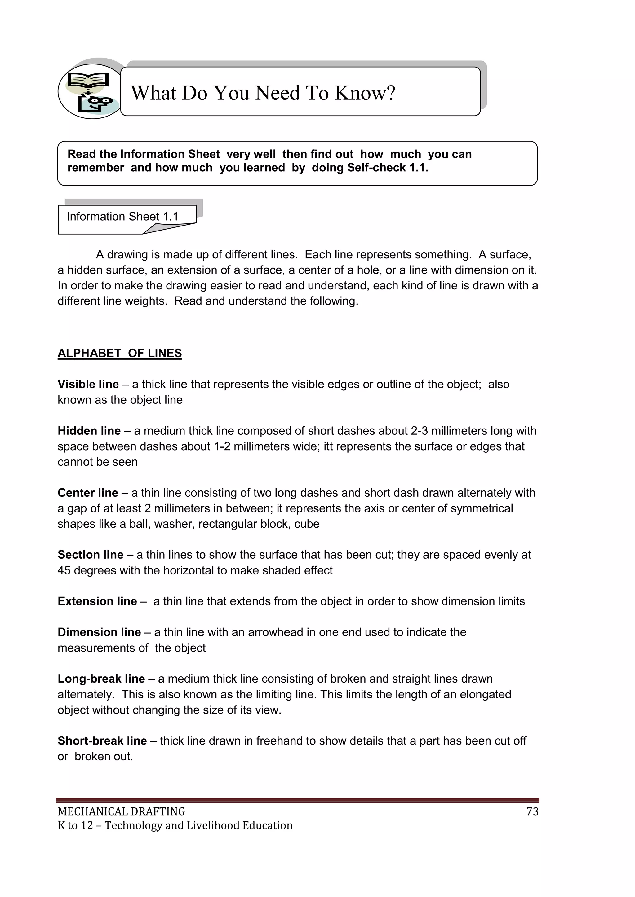 MECHANICAL DRAFTING 73
K to 12 – Technology and Livelihood Education
A drawing is made up of different lines. Each line represents something. A surface,
a hidden surface, an extension of a surface, a center of a hole, or a line with dimension on it.
In order to make the drawing easier to read and understand, each kind of line is drawn with a
different line weights. Read and understand the following.
ALPHABET OF LINES
Visible line – a thick line that represents the visible edges or outline of the object; also
known as the object line
Hidden line – a medium thick line composed of short dashes about 2-3 millimeters long with
space between dashes about 1-2 millimeters wide; itt represents the surface or edges that
cannot be seen
Center line – a thin line consisting of two long dashes and short dash drawn alternately with
a gap of at least 2 millimeters in between; it represents the axis or center of symmetrical
shapes like a ball, washer, rectangular block, cube
Section line – a thin lines to show the surface that has been cut; they are spaced evenly at
45 degrees with the horizontal to make shaded effect
Extension line – a thin line that extends from the object in order to show dimension limits
Dimension line – a thin line with an arrowhead in one end used to indicate the
measurements of the object
Long-break line – a medium thick line consisting of broken and straight lines drawn
alternately. This is also known as the limiting line. This limits the length of an elongated
object without changing the size of its view.
Short-break line – thick line drawn in freehand to show details that a part has been cut off
or broken out.
What Do You Need To Know?
Information Sheet 1.1
Read the Information Sheet very well then find out how much you can
remember and how much you learned by doing Self-check 1.1.
 