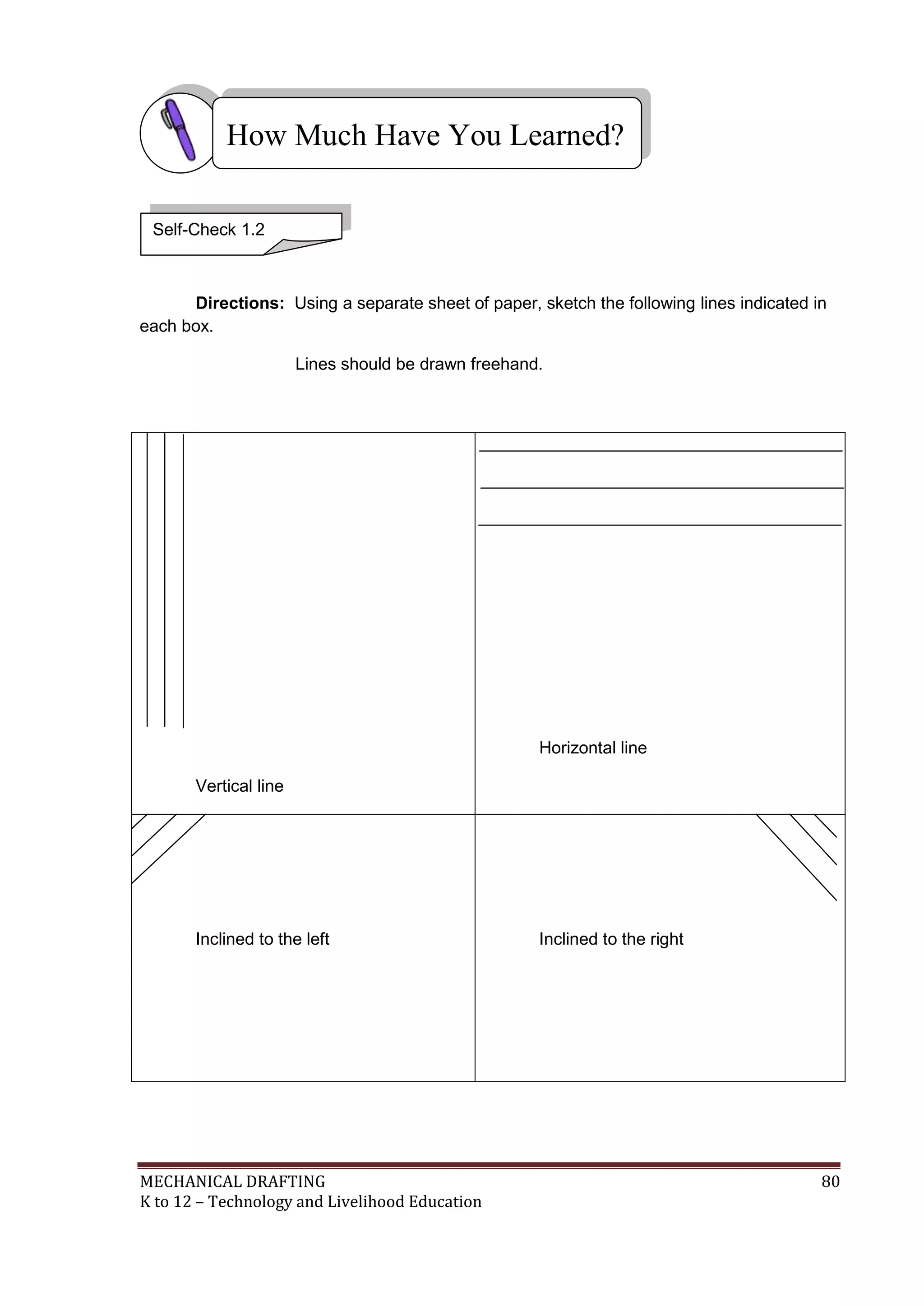 MECHANICAL DRAFTING 80
K to 12 – Technology and Livelihood Education
Directions: Using a separate sheet of paper, sketch the following lines indicated in
each box.
Lines should be drawn freehand.
Vertical line
Horizontal line
Inclined to the left Inclined to the right
How Much Have You Learned?
Self-Check 1.2
 