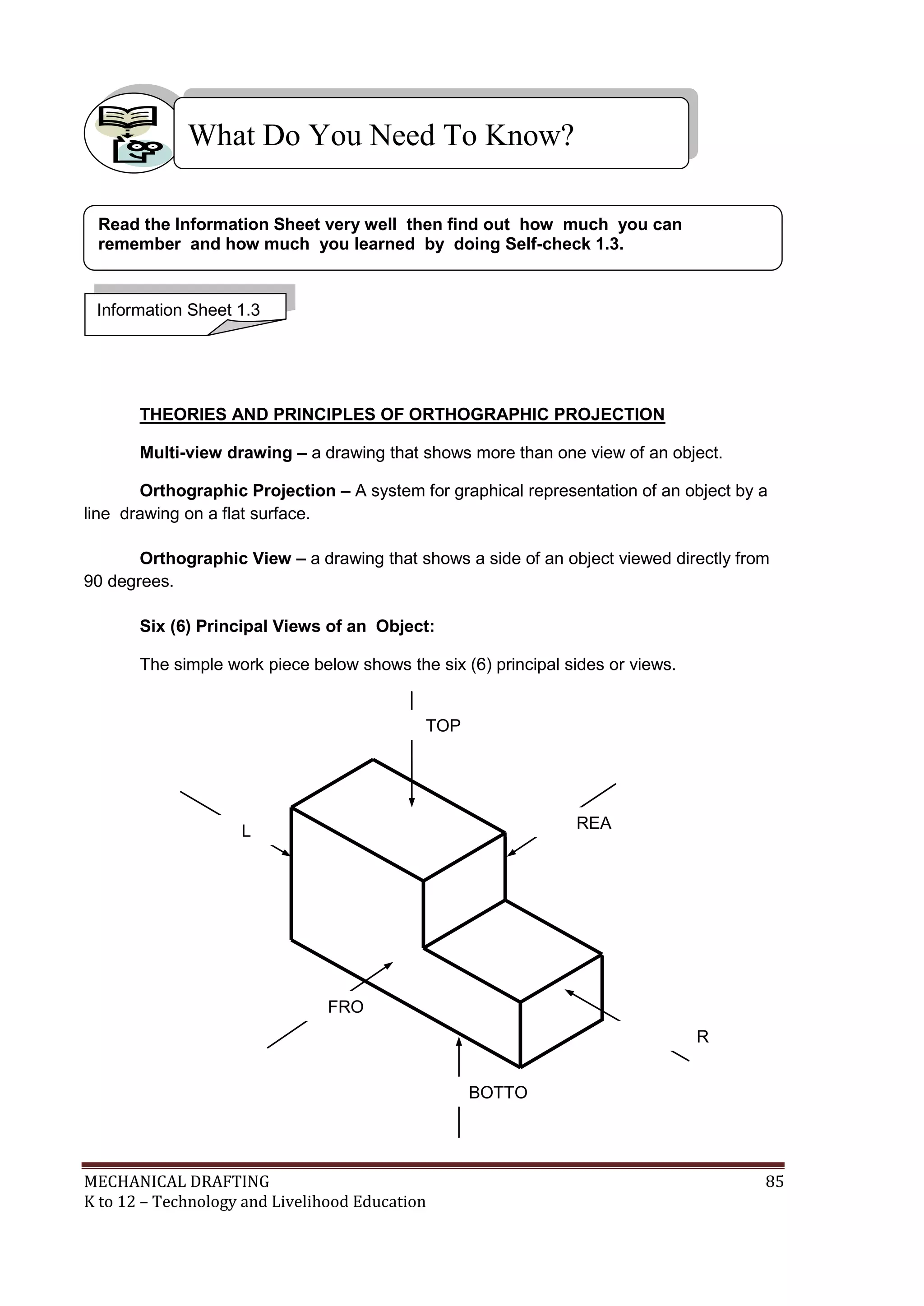 MECHANICAL DRAFTING 85
K to 12 – Technology and Livelihood Education
THEORIES AND PRINCIPLES OF ORTHOGRAPHIC PROJECTION
Multi-view drawing – a drawing that shows more than one view of an object.
Orthographic Projection – A system for graphical representation of an object by a
line drawing on a flat surface.
Orthographic View – a drawing that shows a side of an object viewed directly from
90 degrees.
Six (6) Principal Views of an Object:
The simple work piece below shows the six (6) principal sides or views.
What Do You Need To Know?
Information Sheet 1.3
Read the Information Sheet very well then find out how much you can
remember and how much you learned by doing Self-check 1.3.
TOP
VIEW
L
SIDE VIEW
FRO
NT VIEW
BOTTO
M VIEW
R
SIDE VIEW
REA
R VIEW
 