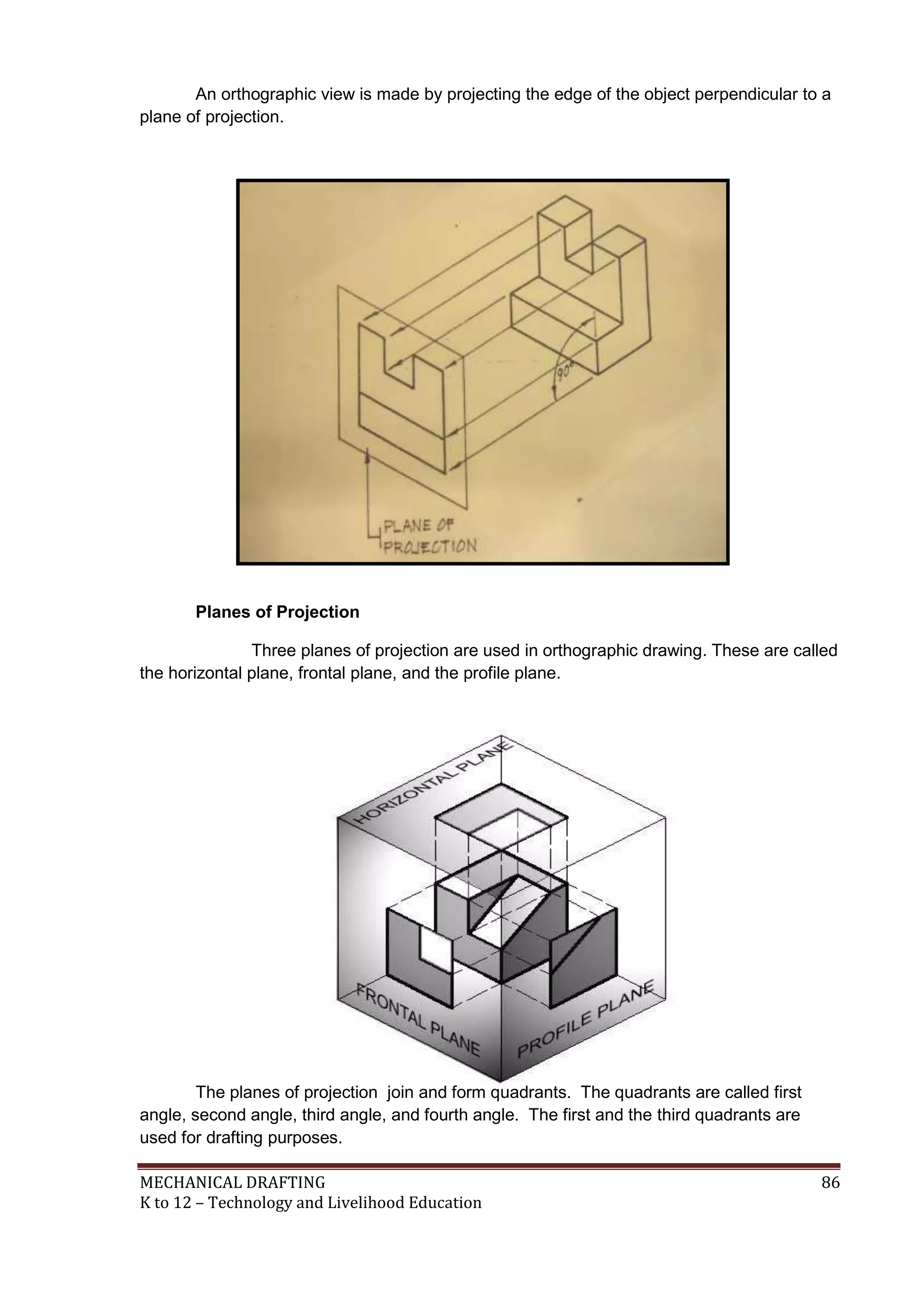MECHANICAL DRAFTING 86
K to 12 – Technology and Livelihood Education
An orthographic view is made by projecting the edge of the object perpendicular to a
plane of projection.
Planes of Projection
Three planes of projection are used in orthographic drawing. These are called
the horizontal plane, frontal plane, and the profile plane.
The planes of projection join and form quadrants. The quadrants are called first
angle, second angle, third angle, and fourth angle. The first and the third quadrants are
used for drafting purposes.
 