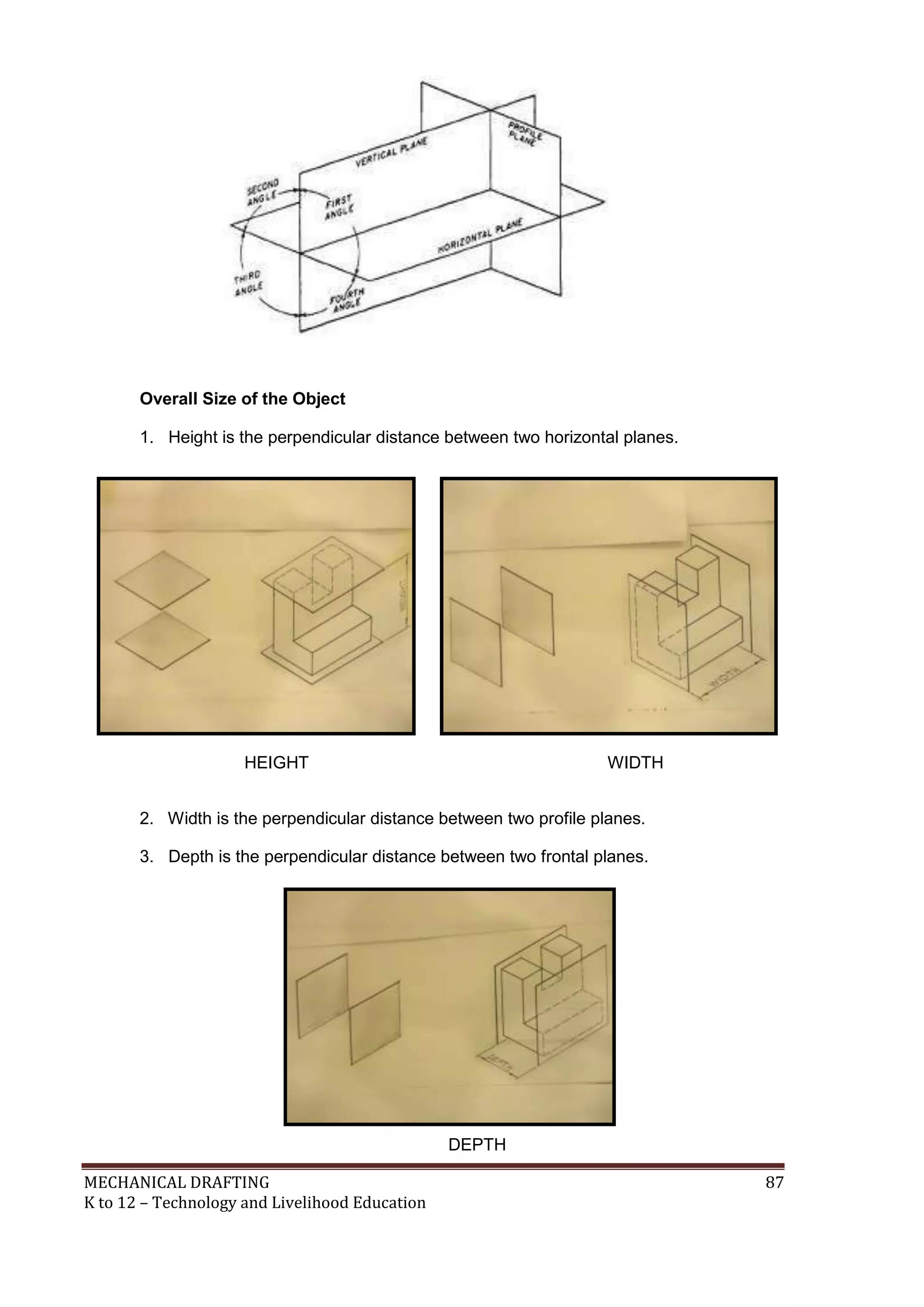 MECHANICAL DRAFTING 87
K to 12 – Technology and Livelihood Education
Overall Size of the Object
1. Height is the perpendicular distance between two horizontal planes.
2. Width is the perpendicular distance between two profile planes.
3. Depth is the perpendicular distance between two frontal planes.
HEIGHT WIDTH
DEPTH
 
