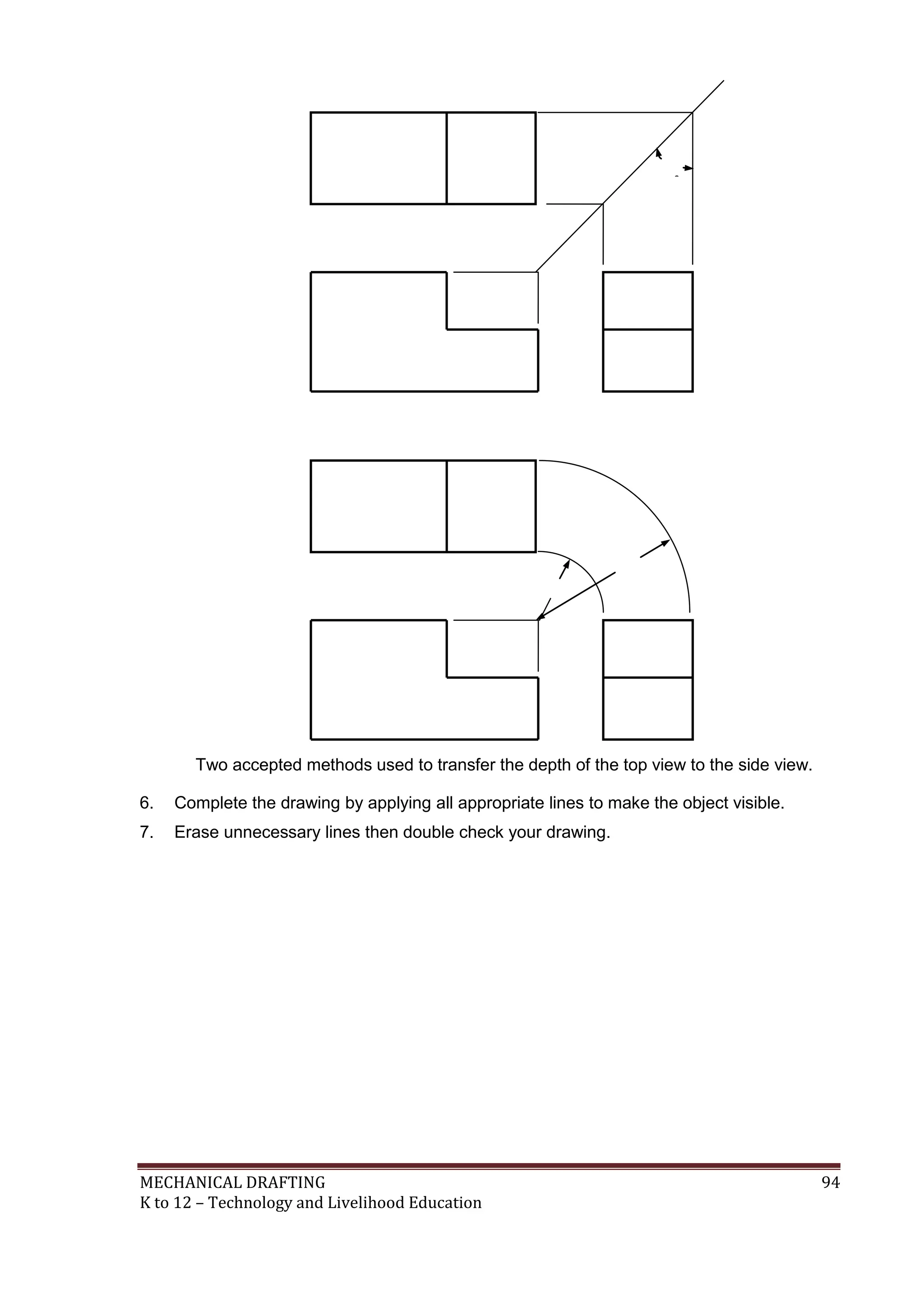 MECHANICAL DRAFTING 94
K to 12 – Technology and Livelihood Education
Two accepted methods used to transfer the depth of the top view to the side view.
6. Complete the drawing by applying all appropriate lines to make the object visible.
7. Erase unnecessary lines then double check your drawing.
4
50
R
2
R
1
 