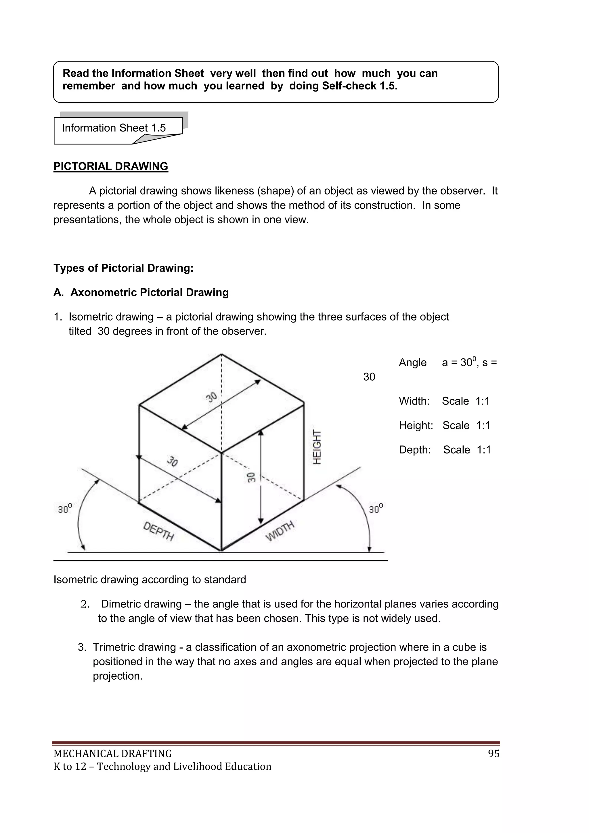 MECHANICAL DRAFTING 95
K to 12 – Technology and Livelihood Education
PICTORIAL DRAWING
A pictorial drawing shows likeness (shape) of an object as viewed by the observer. It
represents a portion of the object and shows the method of its construction. In some
presentations, the whole object is shown in one view.
Types of Pictorial Drawing:
A. Axonometric Pictorial Drawing
1. Isometric drawing – a pictorial drawing showing the three surfaces of the object
tilted 30 degrees in front of the observer.
Isometric drawing according to standard
2. Dimetric drawing – the angle that is used for the horizontal planes varies according
to the angle of view that has been chosen. This type is not widely used.
3. Trimetric drawing - a classification of an axonometric projection where in a cube is
positioned in the way that no axes and angles are equal when projected to the plane
projection.
Information Sheet 1.5
Read the Information Sheet very well then find out how much you can
remember and how much you learned by doing Self-check 1.5.
Angle a = 300
, s =
30
Width: Scale 1:1
Height: Scale 1:1
Depth: Scale 1:1
 