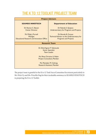 | 73K TO 12 TOOLKIT
Reference Guide for Teacher Educators, School Administrators, and Teachers
THE K TO 12 TOOLKIT PROJECT TEAM
Project Advisers
SEAMEO INNOTECH
Dr. Ramon C. Bacani
Center Director
Mr. Philip J. Purnell
Manager
Educational Research and Innovation Office
Department of Education
Dr.Yolanda S. Quijano
Undersecretary for Programs and Projects
Dr. Brenda B. Corpuz
Technical Adviser to the Undersecretary for
Programs and Projects
Research Team
Dr. Ethel Agnes P. Valenzuela
Senior Specialist
Team Leader
Ms. Rhea Christina U. Rabin
Project Consultant, Member
Ms. Merjielyn M. Calimag
Research Assistant, Member
The project team is grateful to the K to 12 Task Force/Committee/Secretariat particularly to
Mr. Elvin Uy and Ms. Priscilla Ong for their invaluable assistance to SEAMEO INNOTECH
in preparing the K to 12 Toolkit.
 
