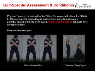 Golf-Specific Assessment & Conditioning

  Physical Screens, developed by the Titleist Performance Institute for PGA &
  LPGA Tour players, now allow us to determine swing limitations and
  potential faults before you even swing. Visions*performance conducts over
  a dozen screens.

  Here are two examples:




               1. Pelvic Rotation Test               2. Overhead Deep Squat
 