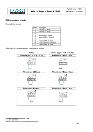 Rele de Fuga a Terra RFT-1E
Ficha técnica – K0066
Revisão 1.0– 25/10/2016
KRON Instrumentos Elétricos Ltda.
Fone: (11) 5525-2000
Site: http://www.kron.com.br - Email: suporte@kron.com.br
3/5
[8] Esquemas de Ligação
Descrição dos bornes:
Borne Descrição
1 Entrada S1 do TC
2 Entrada S2 do TC
5
Alimentação auxiliar
(vide detalhes abaixo)
6
7
8
10 Terminal NF do Rele
11 Terminal Comum do Rele
12 Terminal NA do Rele
Descrição dos bornes referentes à alimentação auxiliar:
Padrão Outras opções (sob consulta)
Alimentação (115 Vc.a. / Vc.c.) Alimentação (24Vc.a. / Vc.c.)
Alimentação (230Vc.a.) Alimentação (48Vc.a. / Vc.c.)
Alimentação (400 Vc.a.) Alimentação (12Vc.a. / Vc.c.)
 