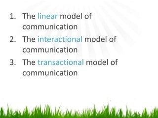 The linearmodel ofcommunicationThe interactionalmodelof communicationThe transactional model of communication