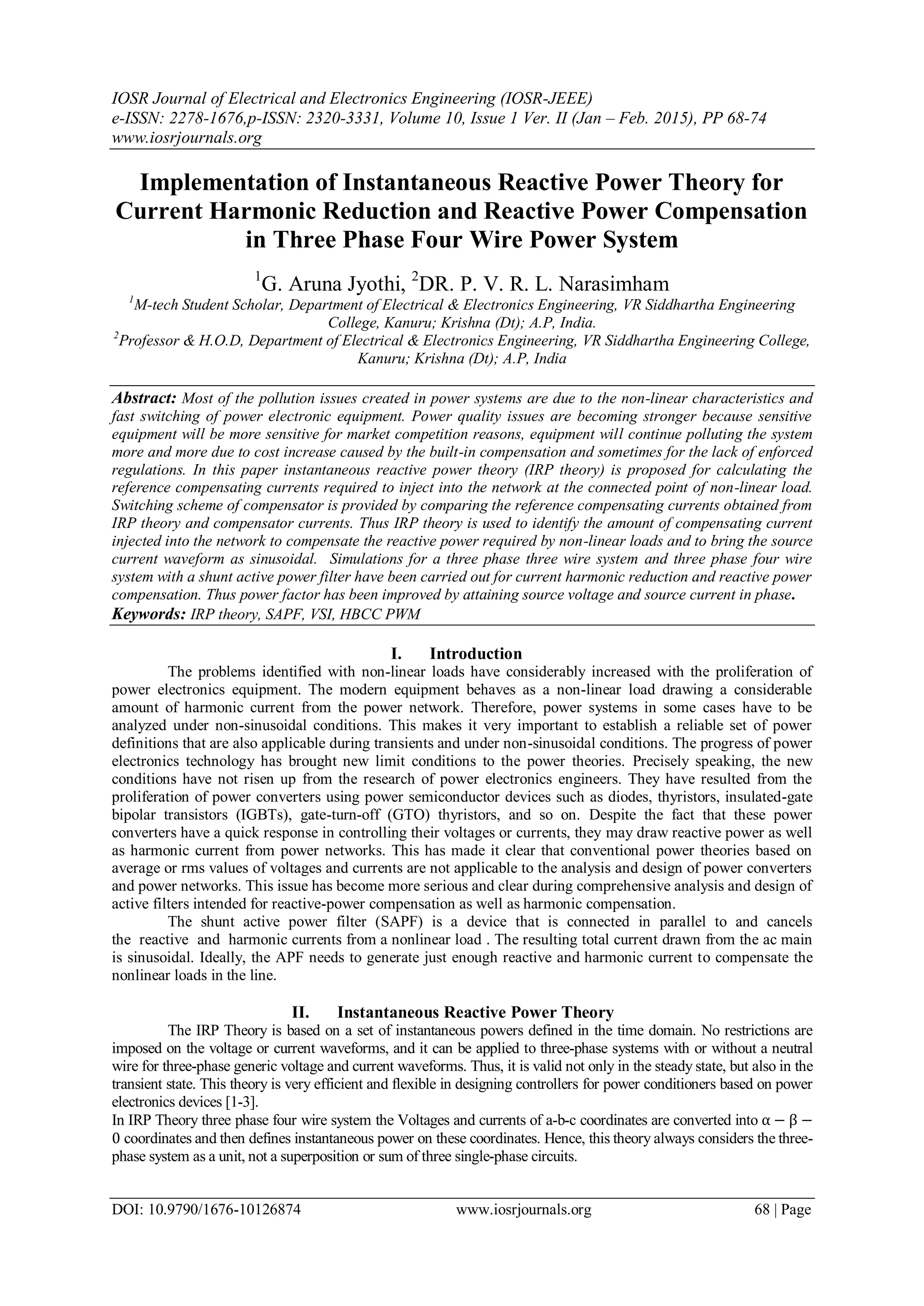 Implementation of Instantaneous Reactive Power Theory for Current ...