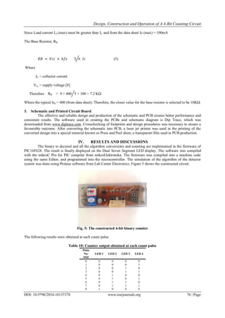 Design, Construction and Operation of A 4-Bit Counting Circuit
DOI: 10.9790/2834-10137378 www.iosrjournals.org 76 | Page
Since Load current LI (max) must be greater than IC and from the data sheet Ic (max) = 100mA
The Base Resistor, RB
𝑅𝐵 = 𝑉𝑐𝑐 × ℎ𝑓𝑒 5 × 𝐼𝑐 (5)
Where
IC = collector current
Vcc = supply voltage [8]
Therefore RB = 9 × 400 5 × 100 = 7.2 KΩ
Where the typical hfe = 400 (from data sheet). Therefore, the closet value for the base resistor is selected to be 10KΩ.
3. Schematic and Printed Circuit Board
The effective and reliable design and production of the schematic and PCB creates better performance and
consistent results. The software used in creating the PCBs and schematic diagram is Dip Trace, which was
downloaded from www.diptrace.com. Crosschecking of footprints and design procedures was necessary to ensure a
favourable outcome. After converting the schematic into PCB, a laser jet printer was used in the printing of the
converted design into a special material known as Press and Peel sheet, a transparent film used in PCB production.
IV. RESULTS AND DISCUSSIONS
The binary to decimal and all the algorithm conversions and counting are implemented in the firmware of
PIC16F628. The result is finally displayed on the Dual Seven Segment LED display. The software was compiled
with the mikroC Pro for PIC compiler from mikroElektronika. The firmware was compiled into a machine code
using the same Editor, and programmed into the microcontroller. The simulation of the algorithm of the detector
system was done using Proteus software from Lab Center Electronics. Figure 5 shows the constructed circuit.
Fig. 5: The constructed 4-bit binary counter
The following results were obtained at each count pulse.
Table 10: Counter output obtained at each count pulse
Pulse
No/
SSD
LED 1 LED 2 LED 3 LED 4
0 0 0 0 0
1 0 0 0 1
2 0 0 1 0
3 0 0 1 1
4 0 1 0 0
5 0 1 0 1
6 0 1 1 0
7 0 1 1 1
8 1 0 0 0
 