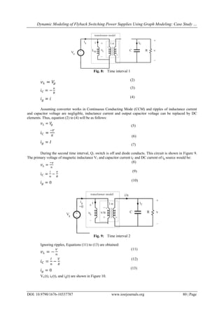 Dynamic Modeling of Flyback Switching Power Supplies Using Graph Modeling: Case Study …
DOI: 10.9790/1676-10337787 www.iosrjournals.org 80 | Page
Fig. 8: Time interval 1
(2)
(3)
(4)
Assuming converter works in Continuous Conducting Mode (CCM) and ripples of inductance current
and capacitor voltage are negligible, inductance current and output capacitor voltage can be replaced by DC
elements. Thus, equation (2) to (4) will be as follows:
(5)
(6)
(7)
During the second time interval, Q1 switch is off and diode conducts. This circuit is shown in Figure 9.
The primary voltage of magnetic inductance V1 and capacitor current iC and DC current of ig source would be:
(8)
(9)
(10)
Fig. 9: Time interval 2
Ignoring ripples, Equations (11) to (13) are obtained:
(11)
(12)
(13)
VL(t), iC(t), and ig(t) are shown in Figure 10.
 
