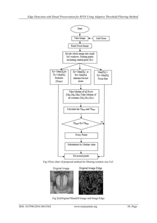 Edge Detection with Detail Preservation for RVIN Using Adaptive Threshold Filtering Method
DOI: 10.9790/2834-10615562 www.iosrjournals.org 58 | Page
Fig.1Flow chart of proposed method for filtering window size 3x3.
Fig 2(a)Original Mandrill Image and Image Edge
 